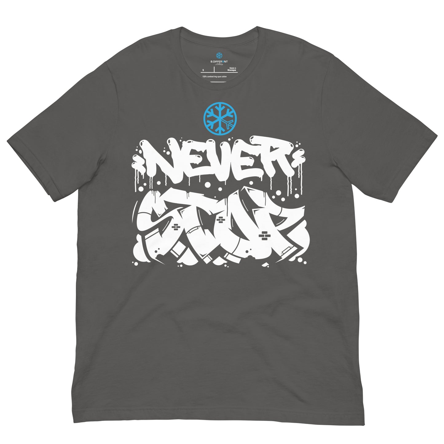 Darkgray-Never Stop Graffiti Piece Tee from B.Different Clothing, front view, graffiti-inspired streetwear t-shirt