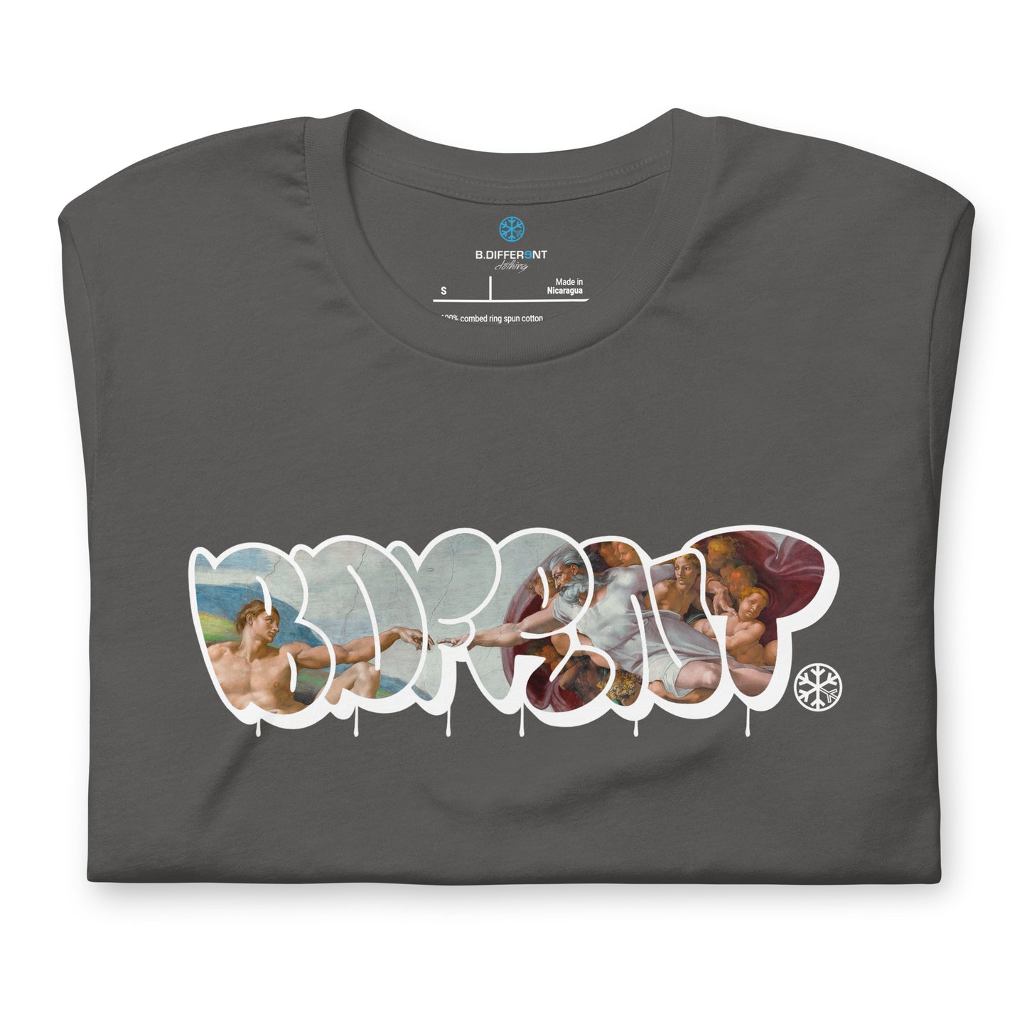 Gray-BDFRNT Throwie x Creation of Adam Graffiti Tee from B.Different Clothing, folded, graffiti-inspired streetwear t-shirt