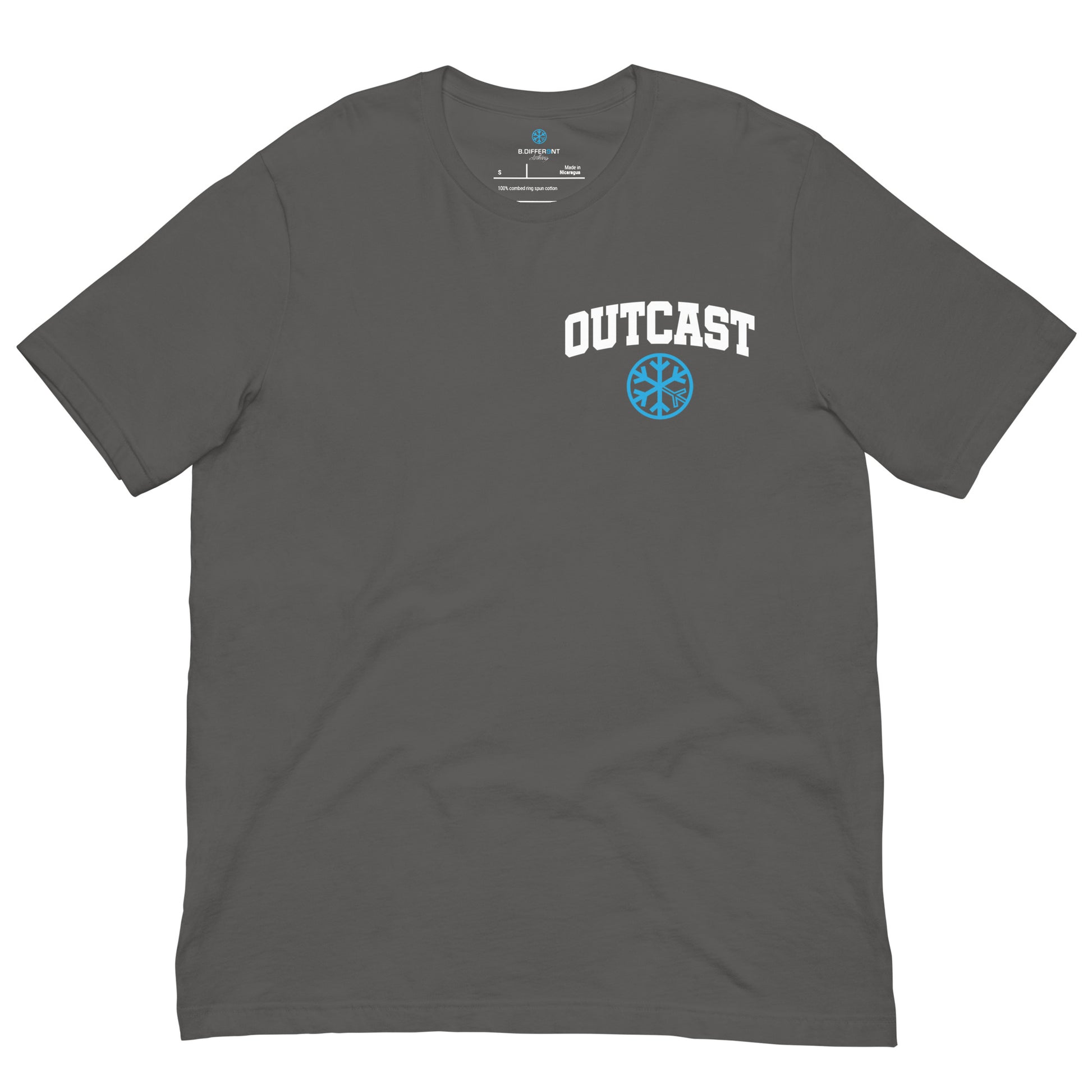 Gray-Outcast Graffiti Character Tee from B.Different Clothing, front view, graffiti-inspired streetwear t-shirt