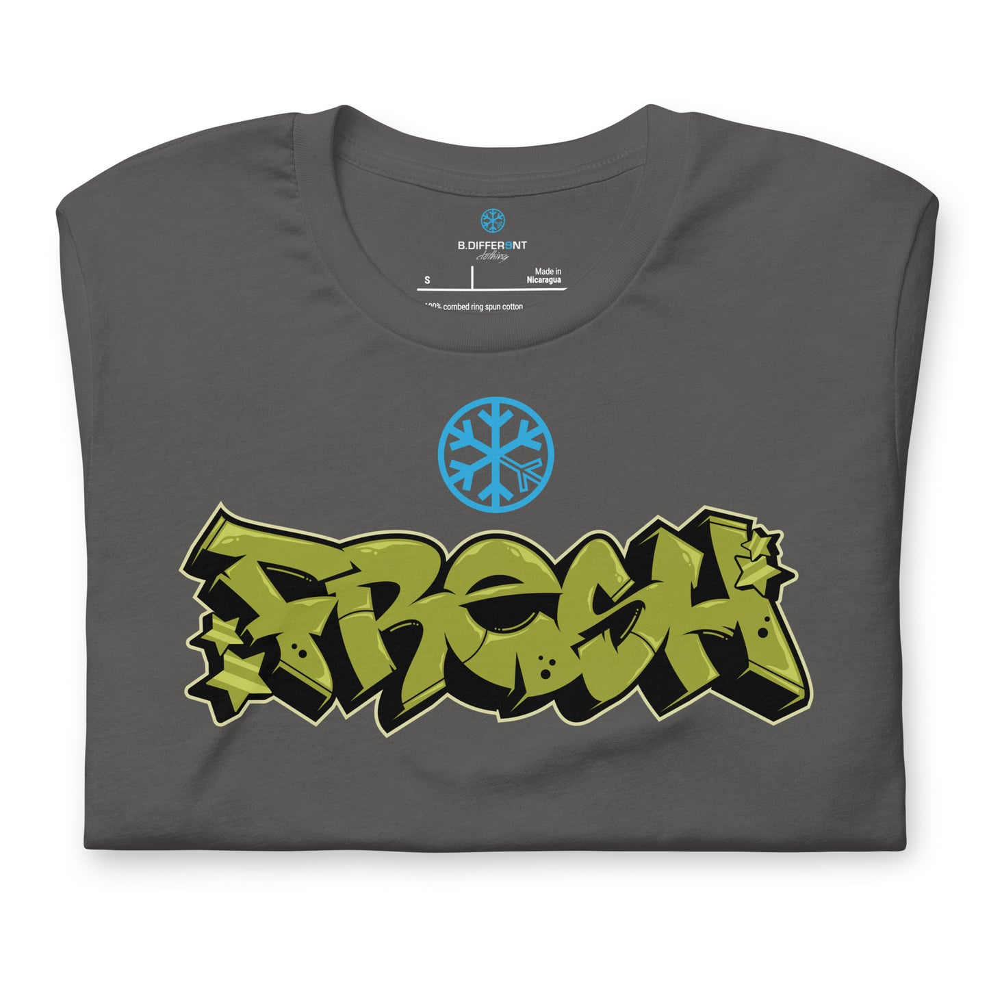 Gray-Fresh Graffiti Piece Tee from B.Different Clothing, folded, graffiti-inspired streetwear t-shirt