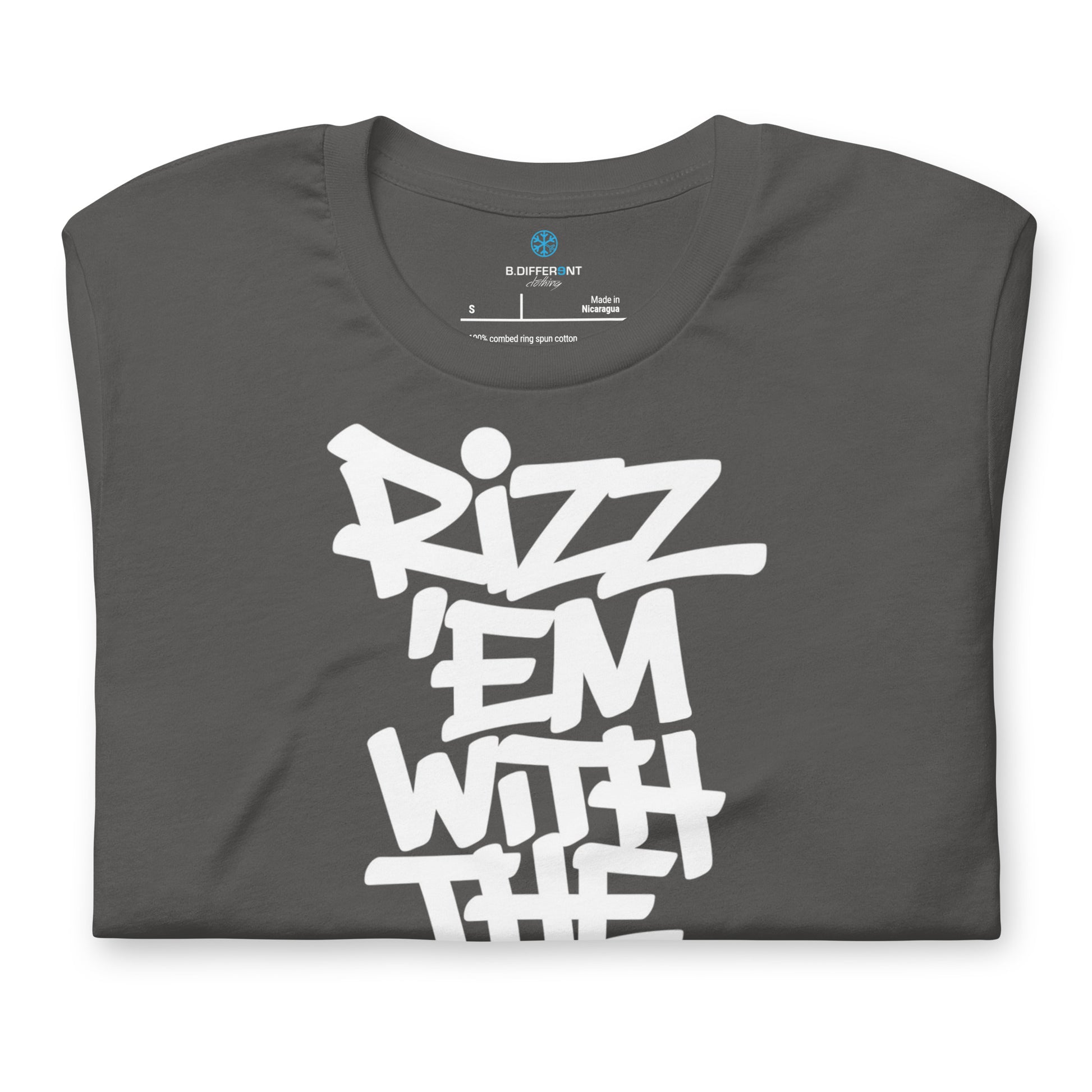 Gray-Rizz 'Em With The 'Tism Graffiti Tee from B.Different Clothing, folded, graffiti-inspired streetwear t-shirt