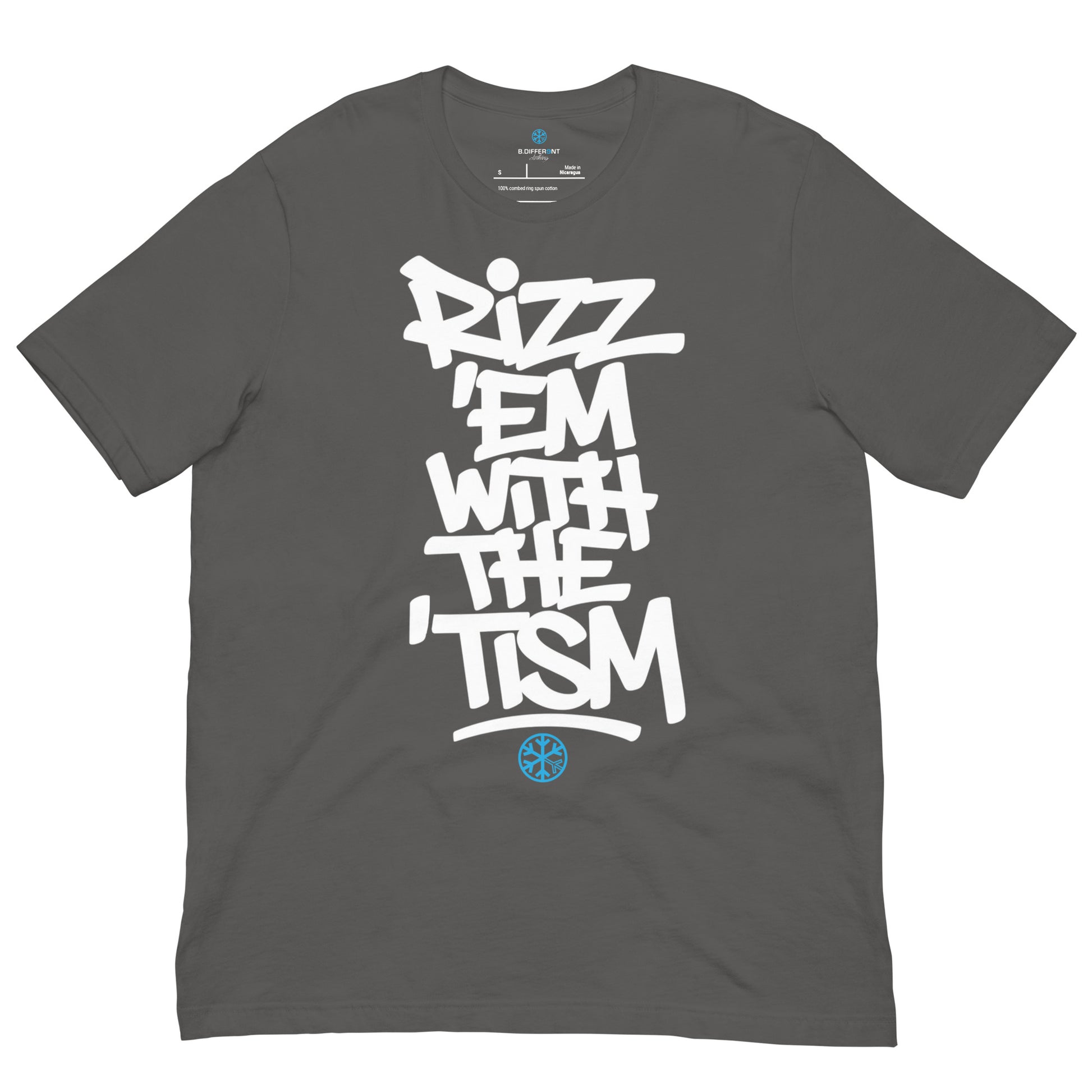 Gray-Rizz 'Em With The 'Tism Graffiti Tee from B.Different Clothing, front view, graffiti-inspired streetwear t-shirt