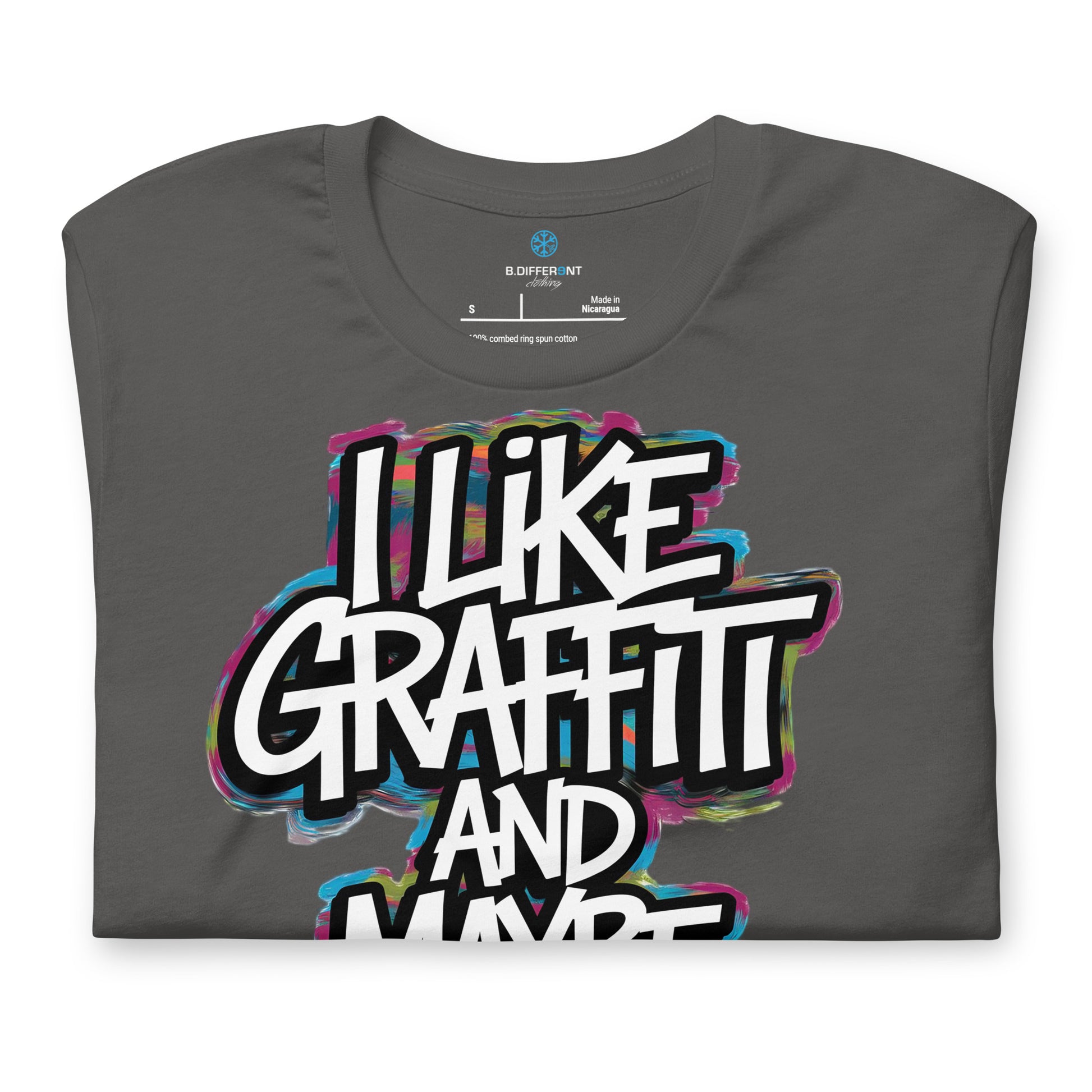 Darkgray-I Like Graffiti and Maybe 2 People Tee from B.Different Clothing, folded, graffiti-inspired streetwear t-shirt