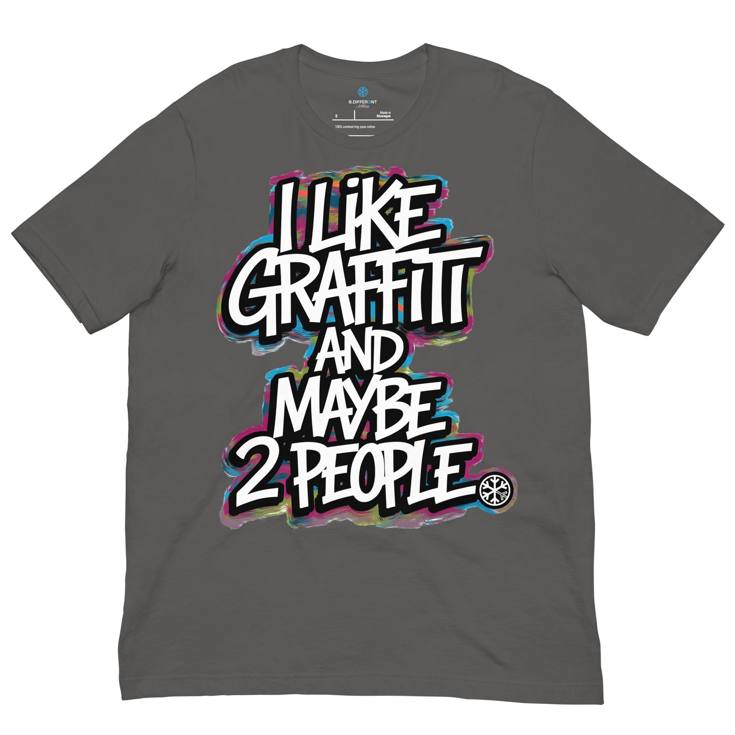 Darkgray-I Like Graffiti and Maybe 2 People Tee from B.Different Clothing, front view, graffiti-inspired streetwear t-shirt