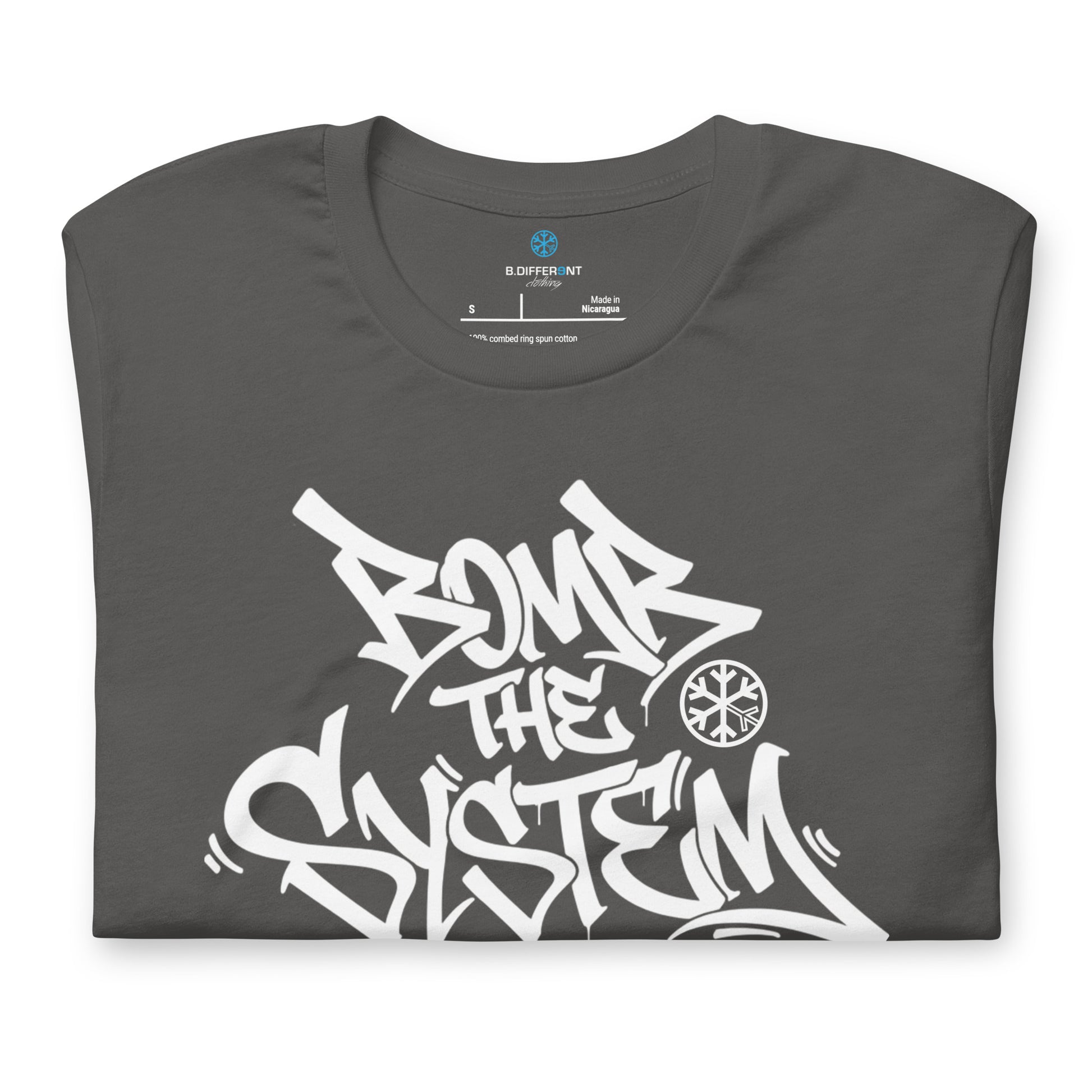Gray-Bomb The System Graffiti Tee from B.Different Clothing, folded, graffiti-inspired streetwear t-shirt