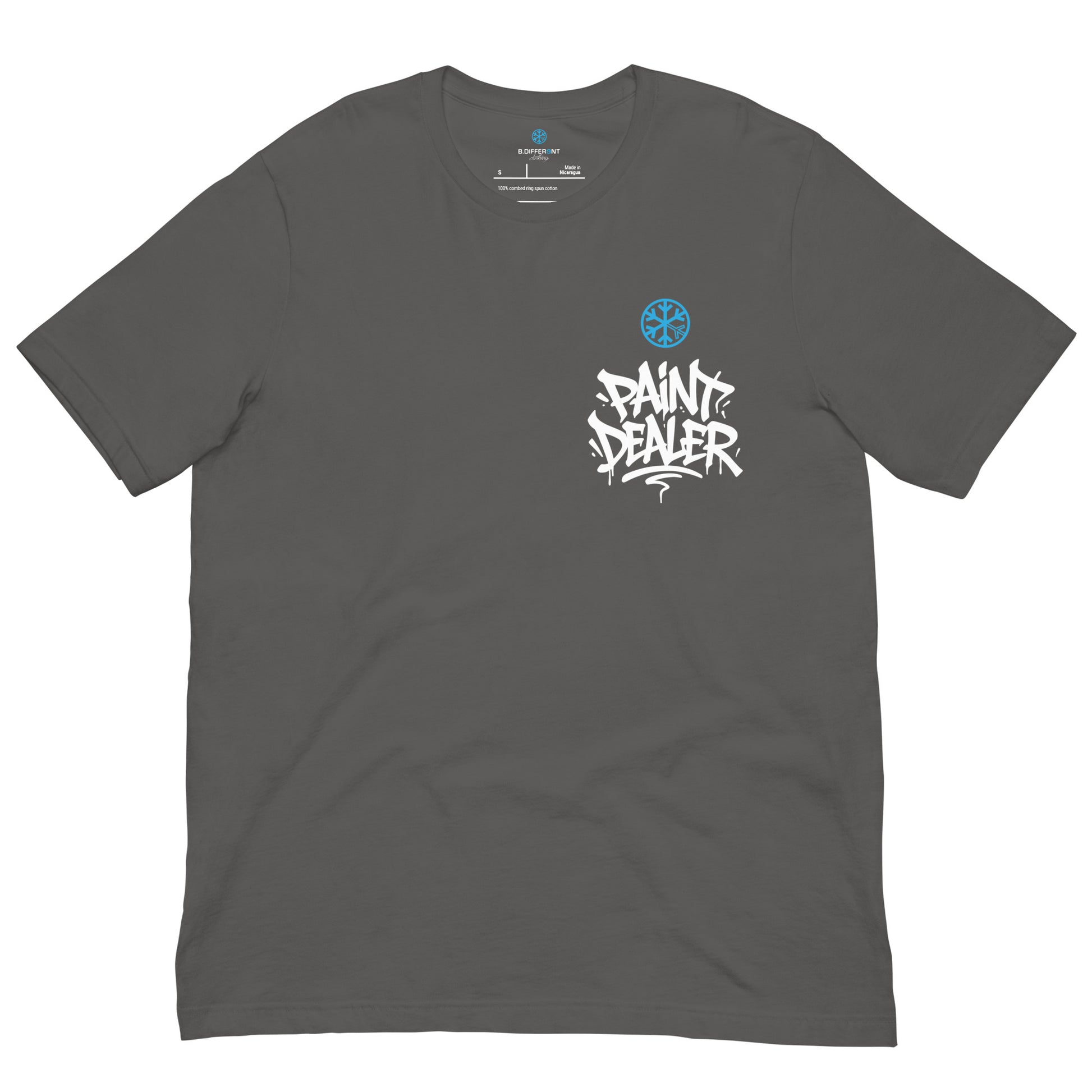 Gray-Paint Dealer Graffiti Character Tee from B.Different Clothing, front view, graffiti-inspired streetwear t-shirt