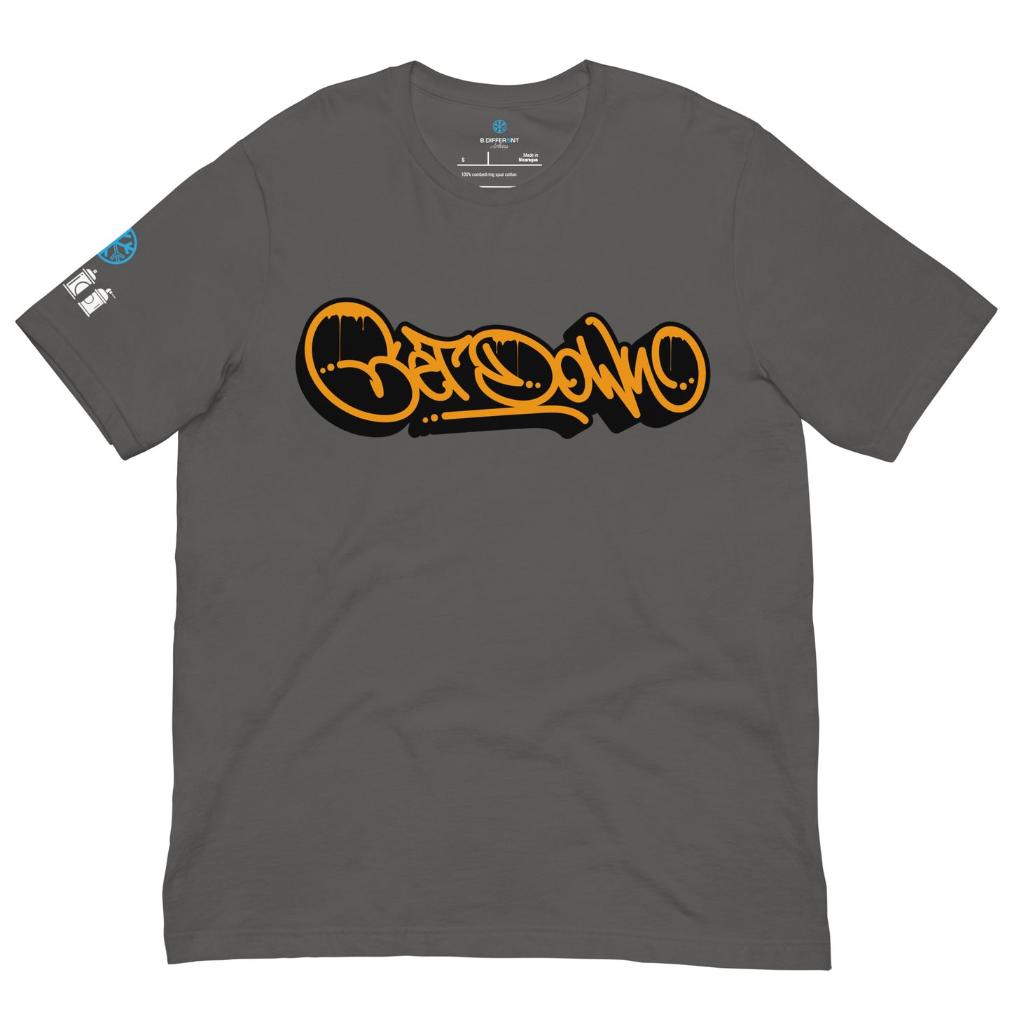 Gray-Get Down Graffiti Tag Tee from B.Different Clothing, front view, graffiti-inspired streetwear t-shirt
