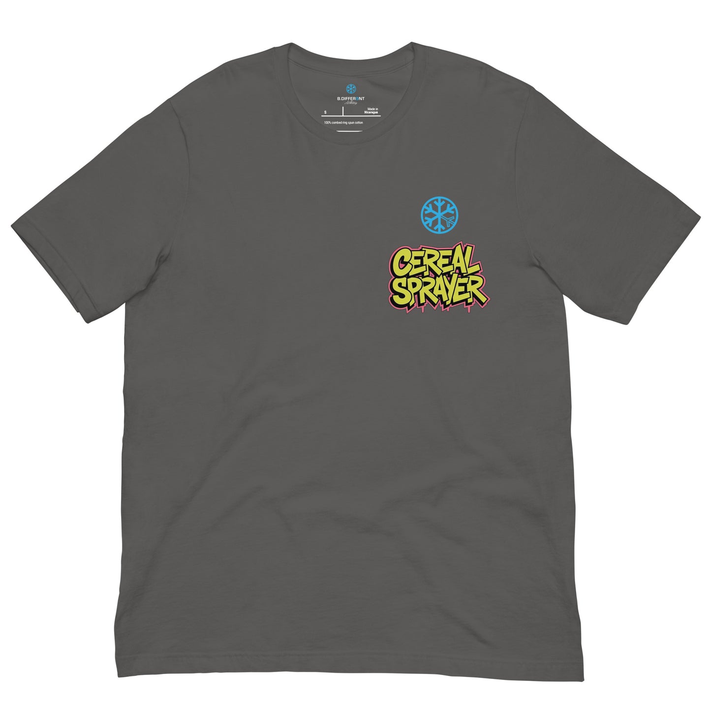 Gray-Cereal Sprayer Graffiti Tee from B.Different Clothing, front view, graffiti-inspired streetwear t-shirt