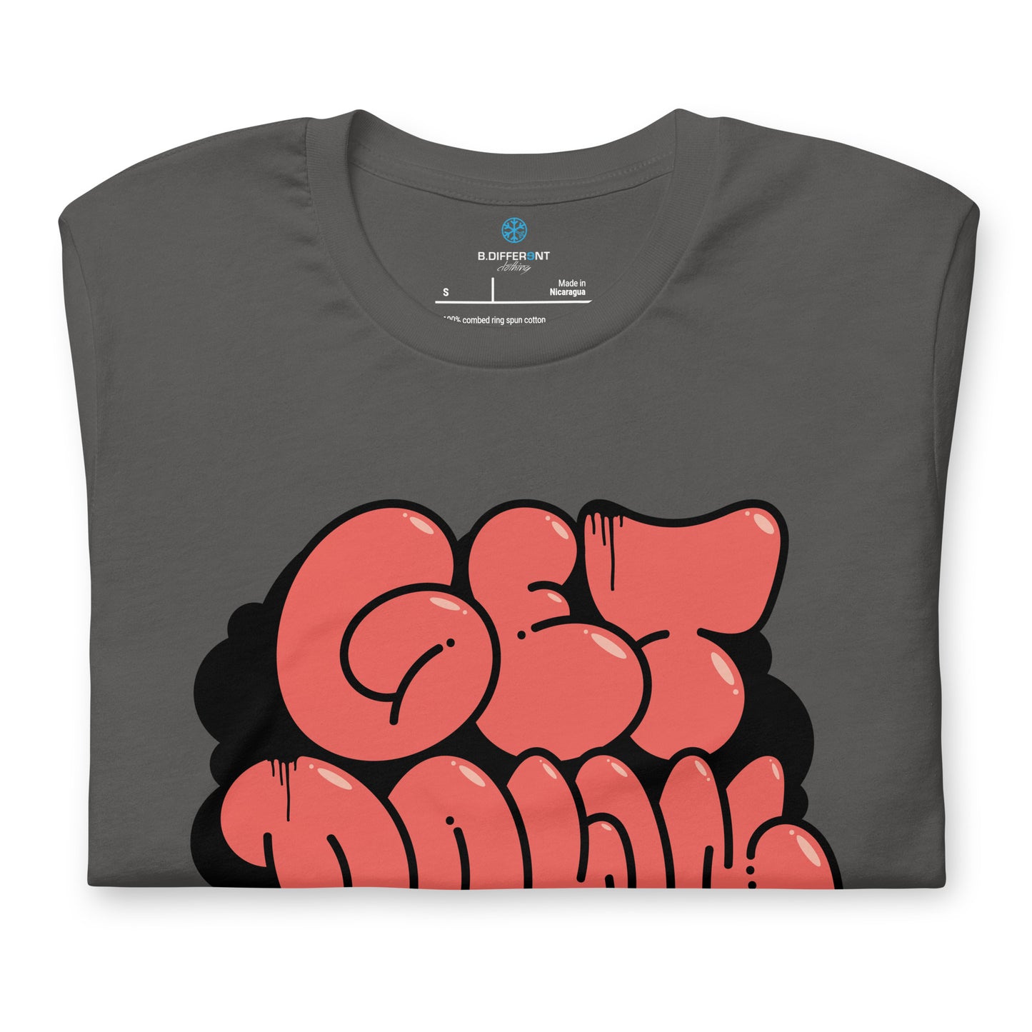 Gray-Get Down Graffiti Throw-up Tee from B.Different Clothing, folded, graffiti-inspired streetwear t-shirt