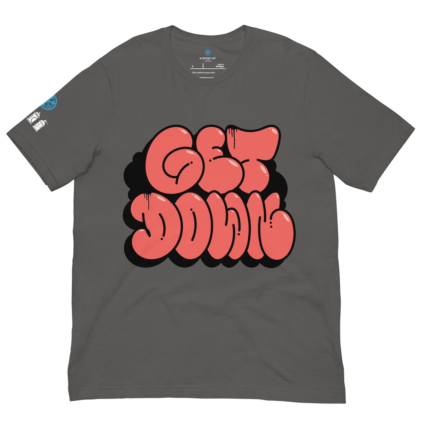 Gray-Get Down Graffiti Throw-up Tee from B.Different Clothing, front view, graffiti-inspired streetwear t-shirt