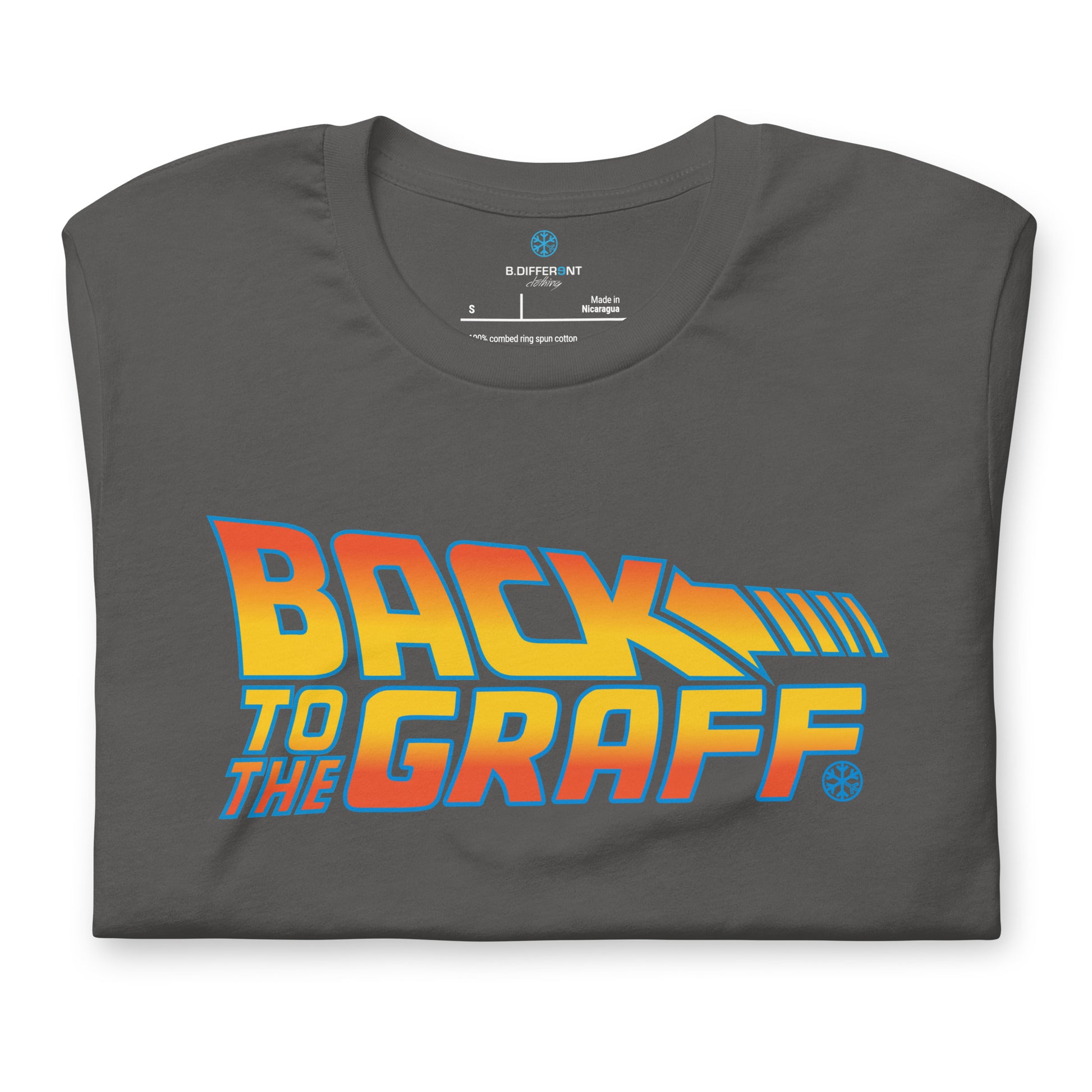 Gray-Back to the Graff Tee from B.Different Clothing, folded, graffiti-inspired streetwear t-shirt