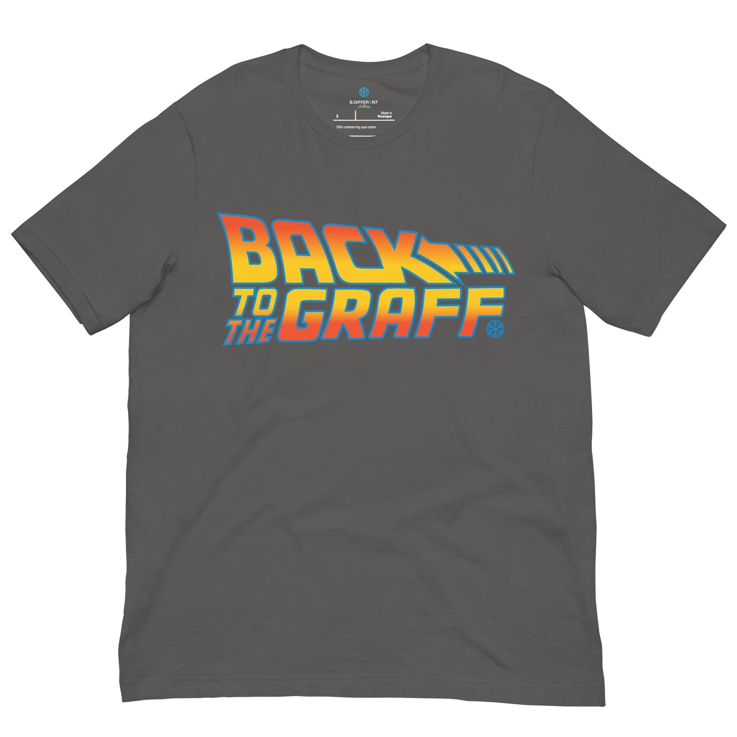 Gray-Back to the Graff Tee from B.Different Clothing, front view, graffiti-inspired streetwear t-shirt