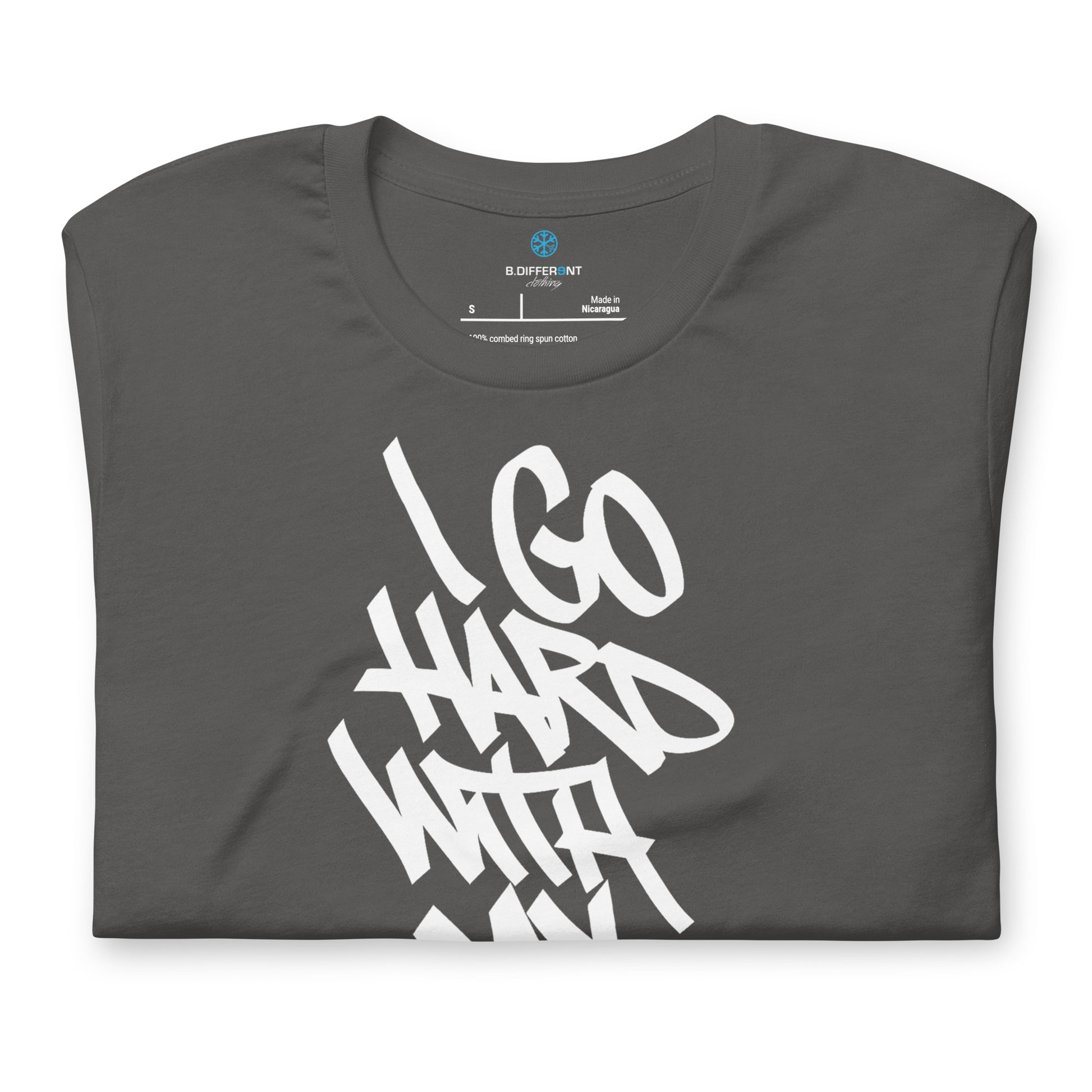 Gray-I Go Hard With My Paint Graffiti Tee from B.Different Clothing, folded, graffiti-inspired streetwear t-shirt