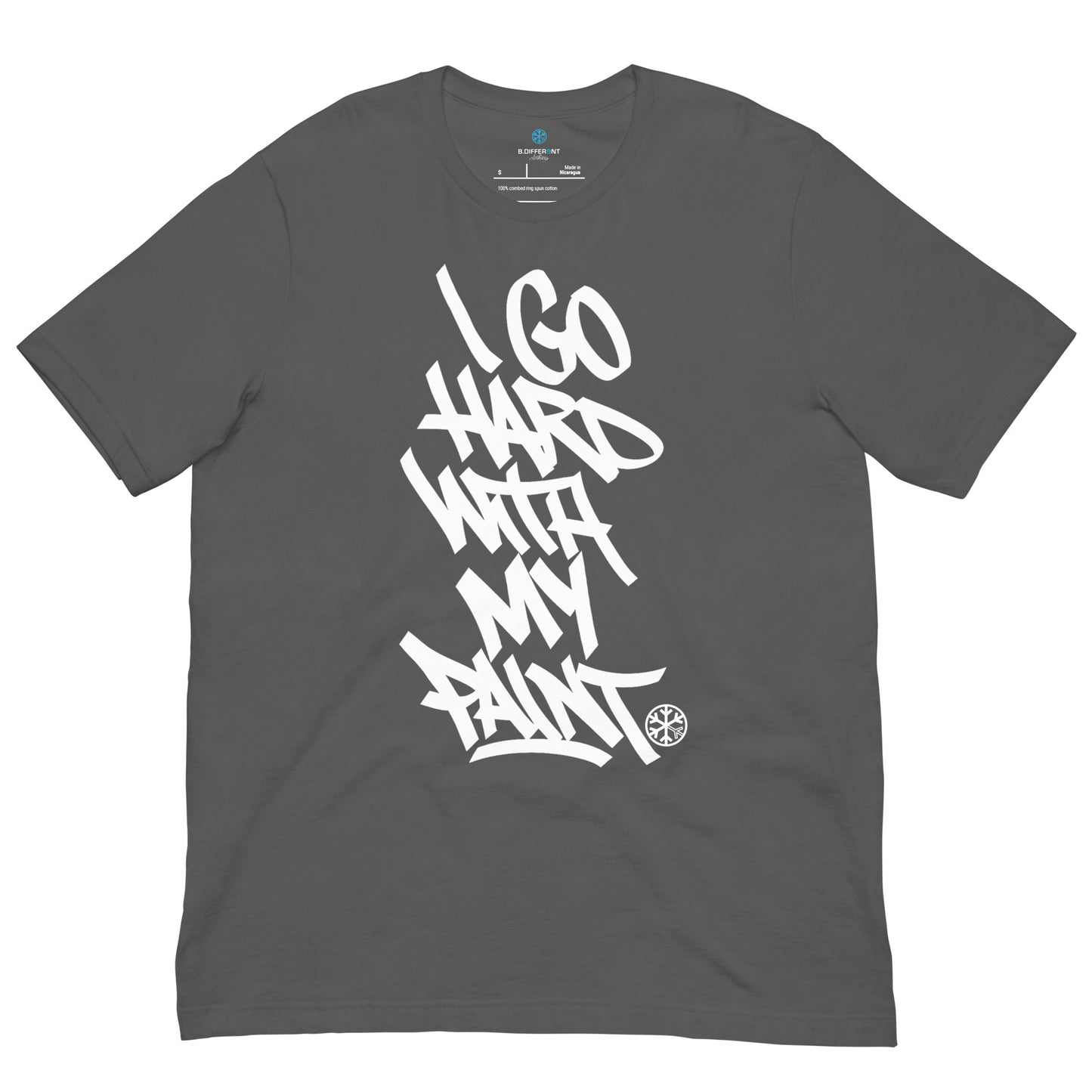 Gray-I Go Hard With My Paint Graffiti Tee from B.Different Clothing, front view, graffiti-inspired streetwear t-shirt