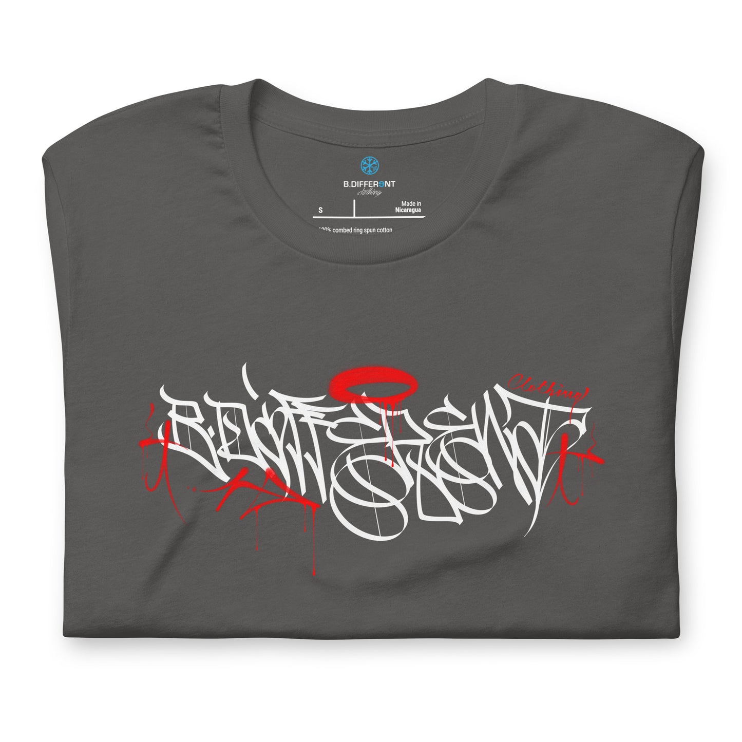 Gray-Caos One Collab Graffiti Tee from B.Different Clothing, folded, graffiti-inspired streetwear t-shirt