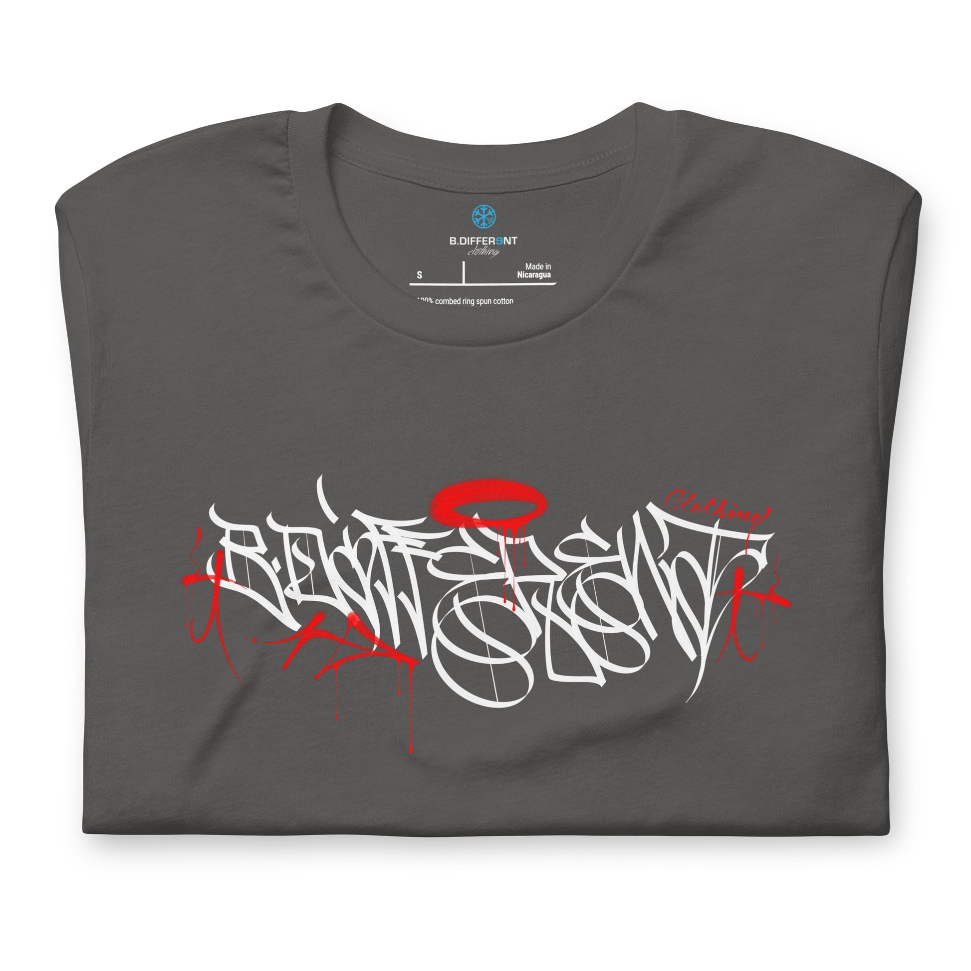 Gray-Caos One Collab Graffiti Tee from B.Different Clothing, folded, graffiti-inspired streetwear t-shirt