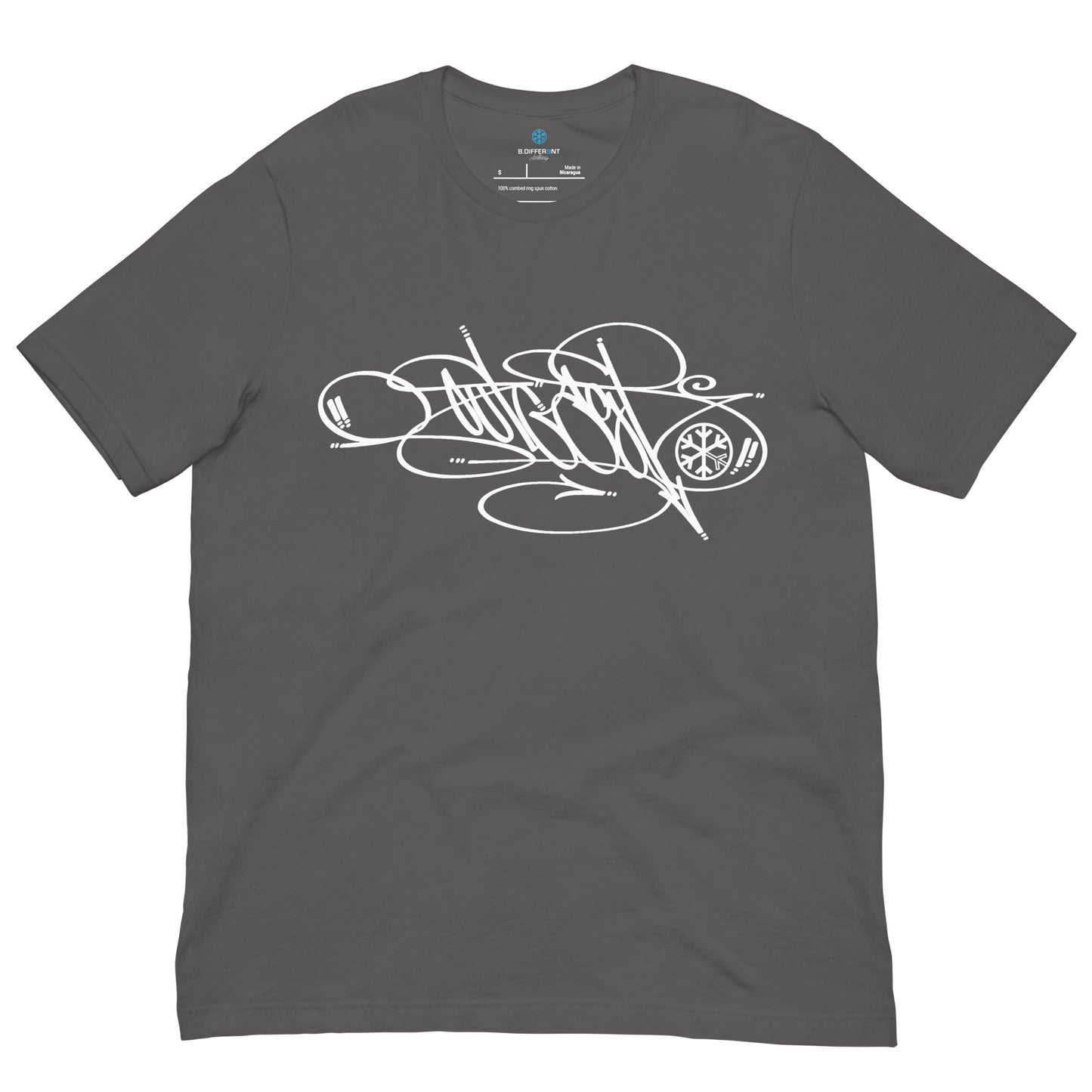 Gray-Outcast Tag Tee by Graffiti Dad from B.Different Clothing, front view, graffiti-inspired streetwear t-shirt