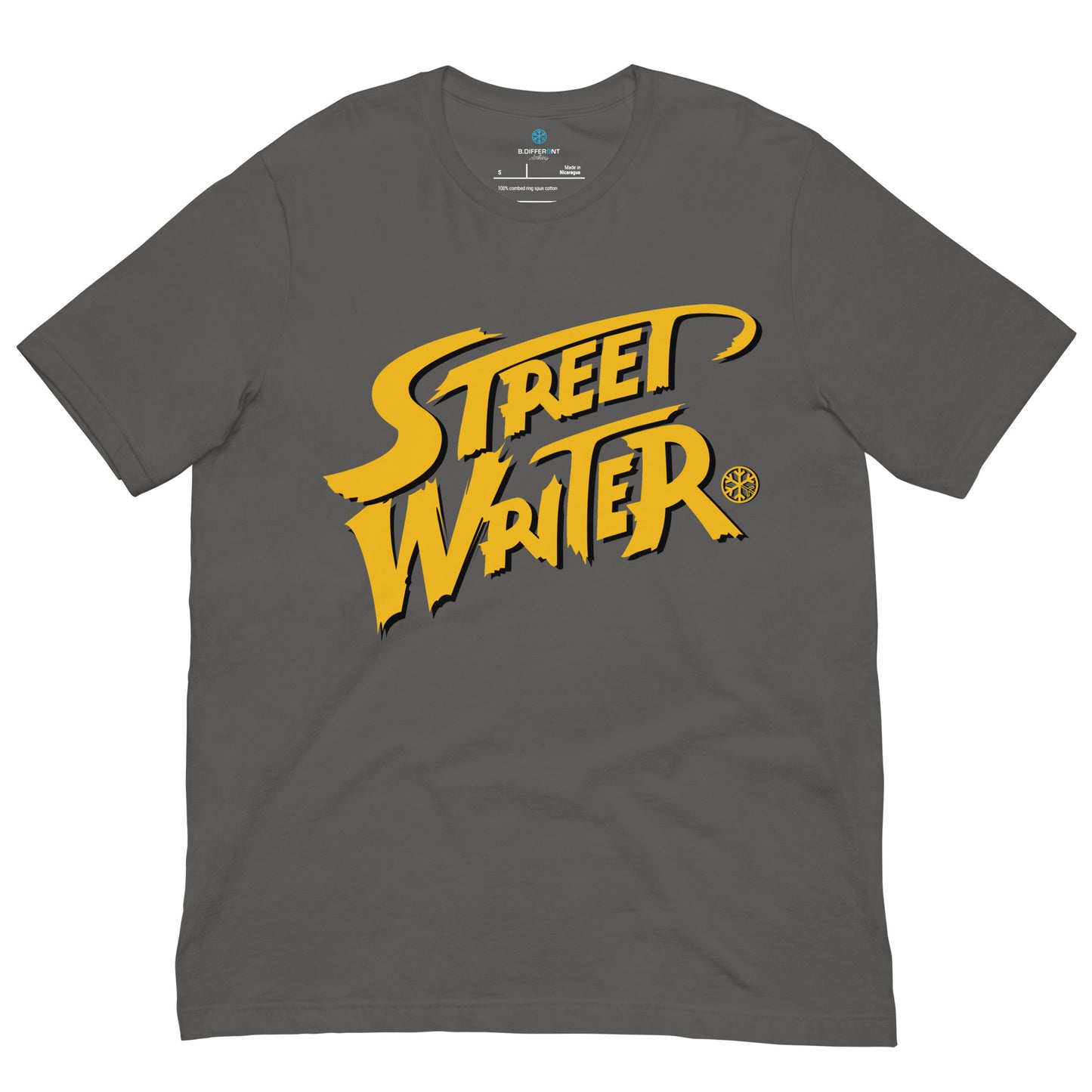 Gray-Street Writer Graffiti Tee from B.Different Clothing, front view, graffiti-inspired streetwear t-shirt