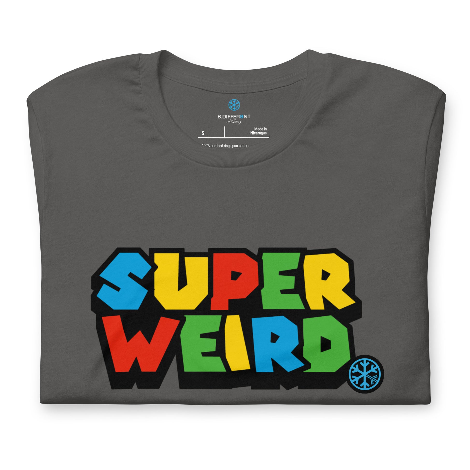 Gray-Super Weird Tee from B.Different Clothing, folded, graffiti-inspired streetwear t-shirt
