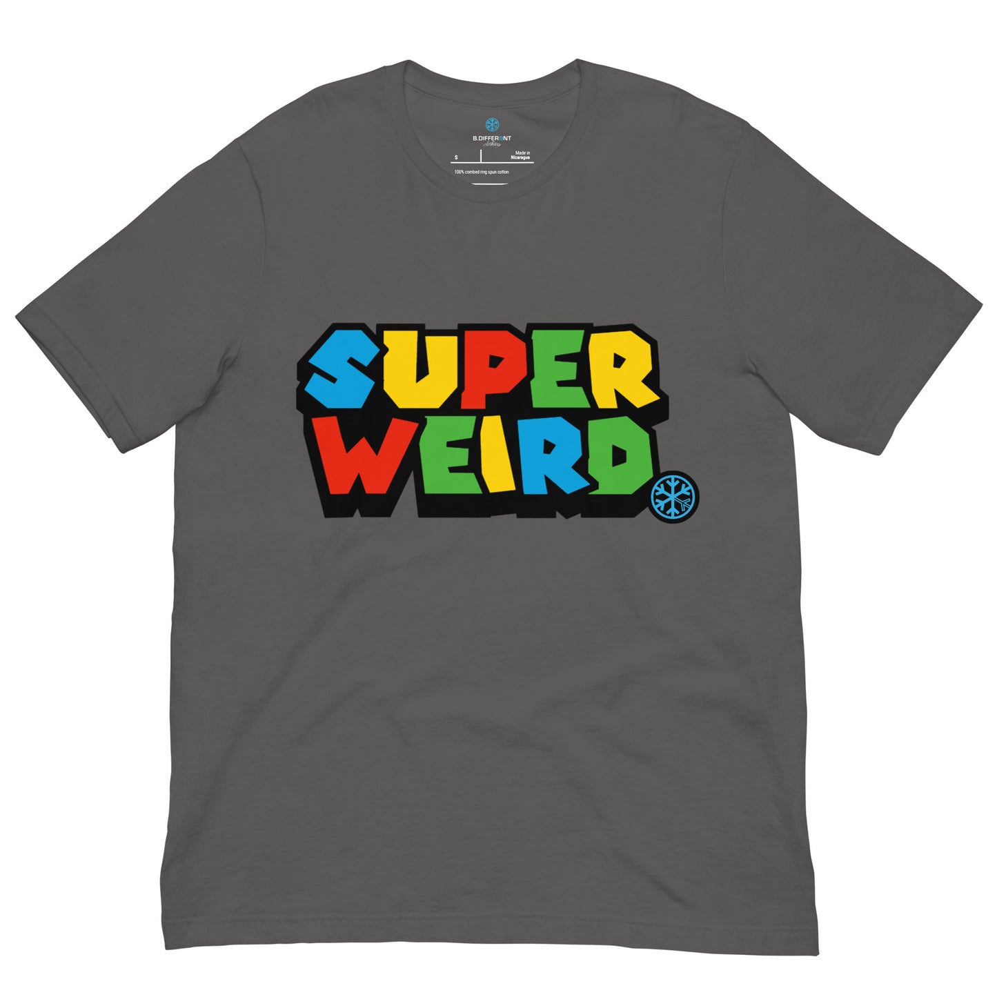Gray-Super Weird Tee from B.Different Clothing, front view, graffiti-inspired streetwear t-shirt