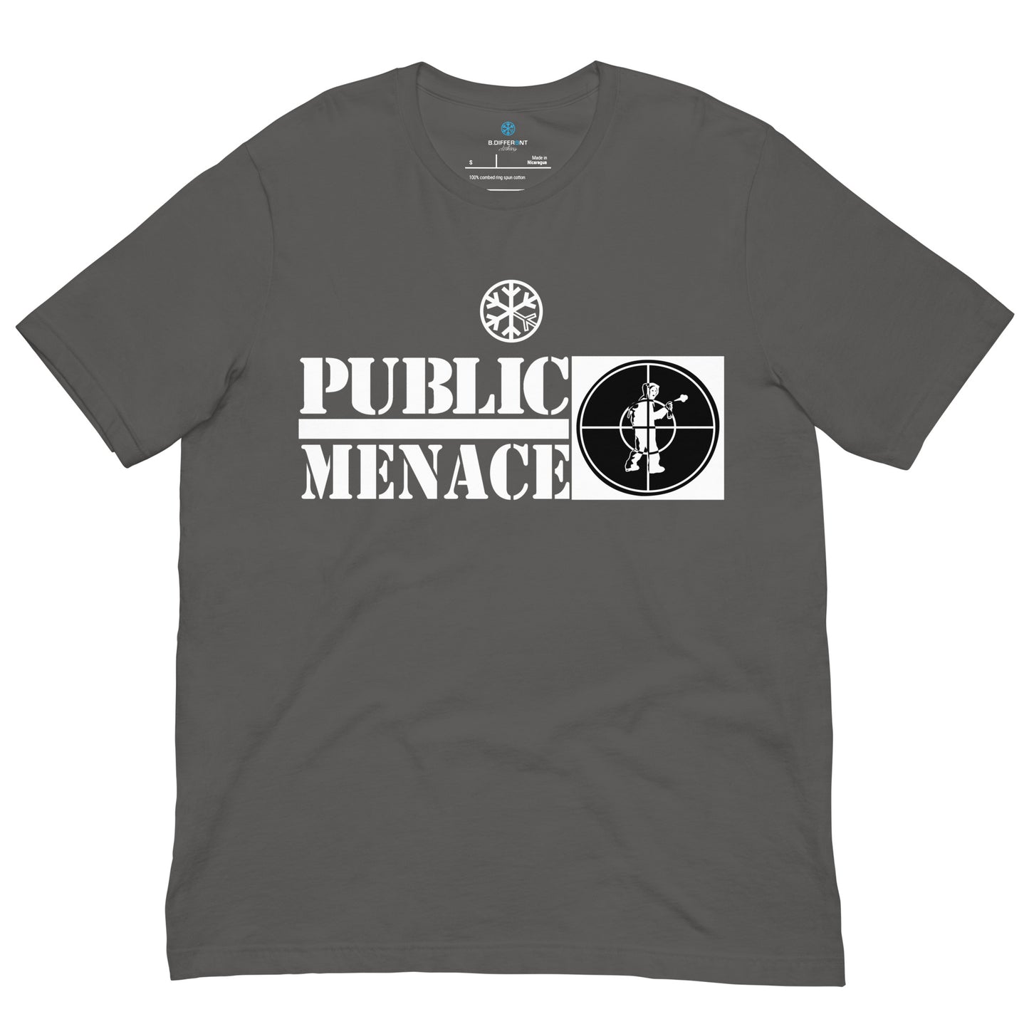 Gray-Public Menace Graffiti Tee from B.Different Clothing, front view, graffiti-inspired streetwear t-shirt