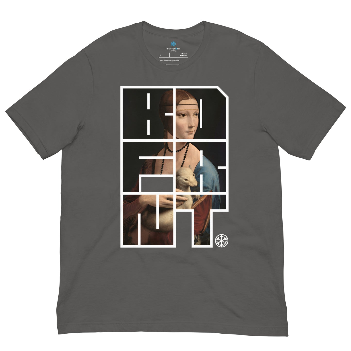 Gray-BDFRNT Blockbuster x Lady With Ermine Graffiti Tee from B.Different Clothing, front view, graffiti-inspired streetwear t-shirt