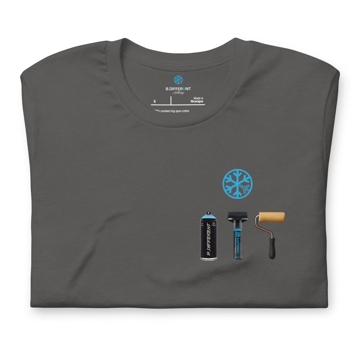 Gray-Graffiti Artist Action Figure Tee from B.Different Clothing, folded, graffiti-inspired streetwear t-shirt