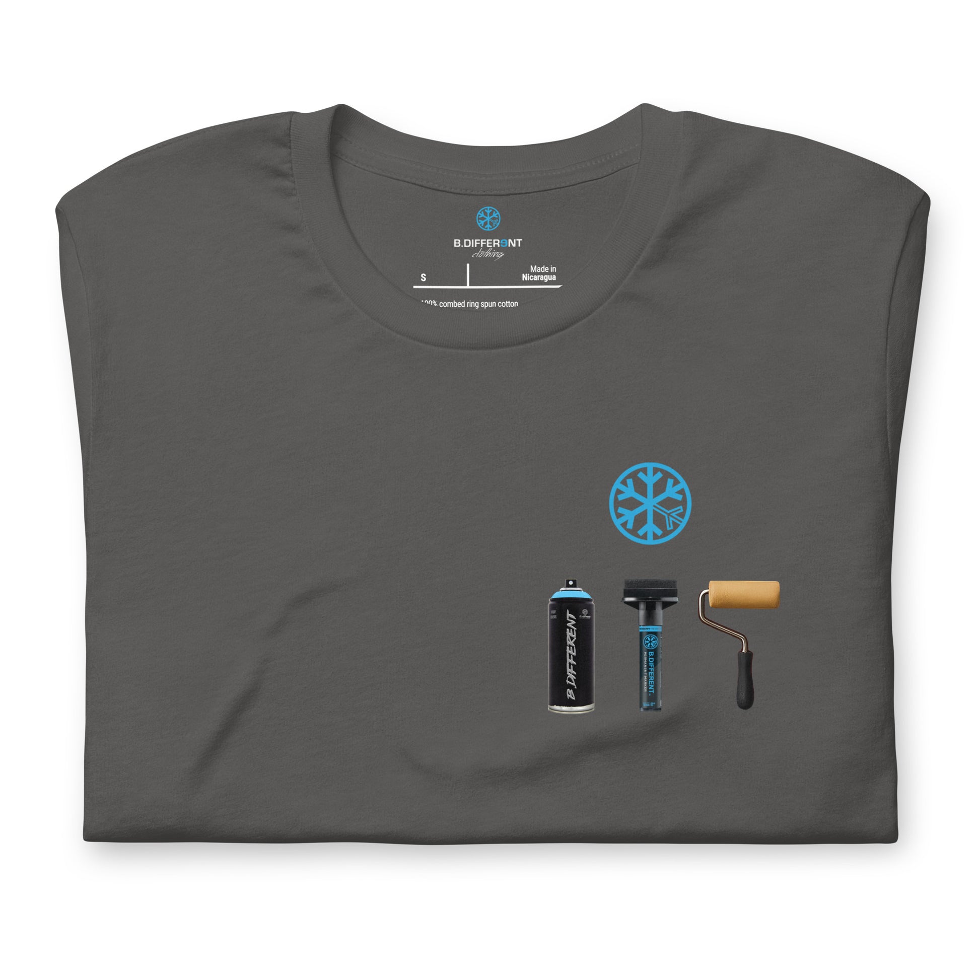Gray-Graffiti Artist Action Figure Tee from B.Different Clothing, folded, graffiti-inspired streetwear t-shirt