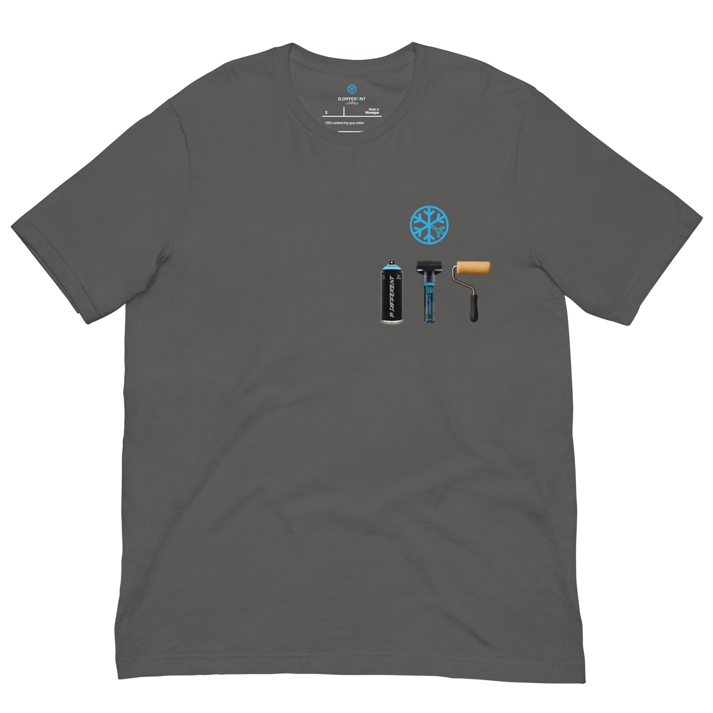 Gray-Graffiti Artist Action Figure Tee from B.Different Clothing, front view, graffiti-inspired streetwear t-shirt