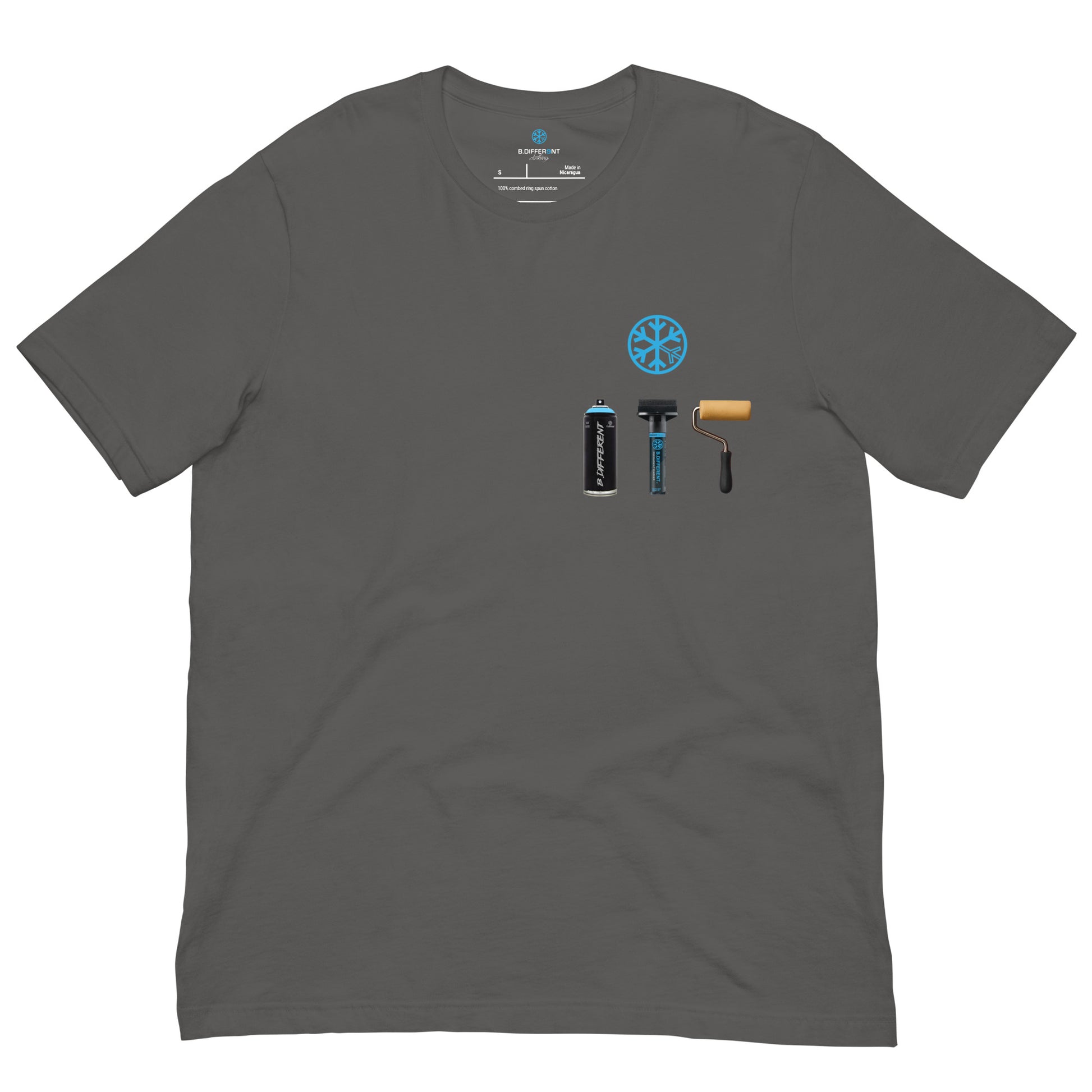Gray-Graffiti Artist Action Figure Tee from B.Different Clothing, front view, graffiti-inspired streetwear t-shirt
