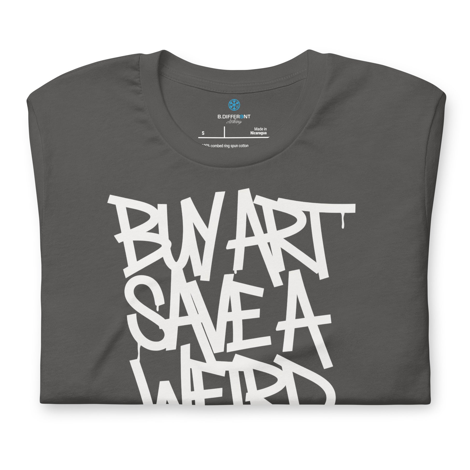 Gray-Buy Art Save a Weird Person Graffiti Tee from B.Different Clothing, folded, graffiti-inspired streetwear t-shirt