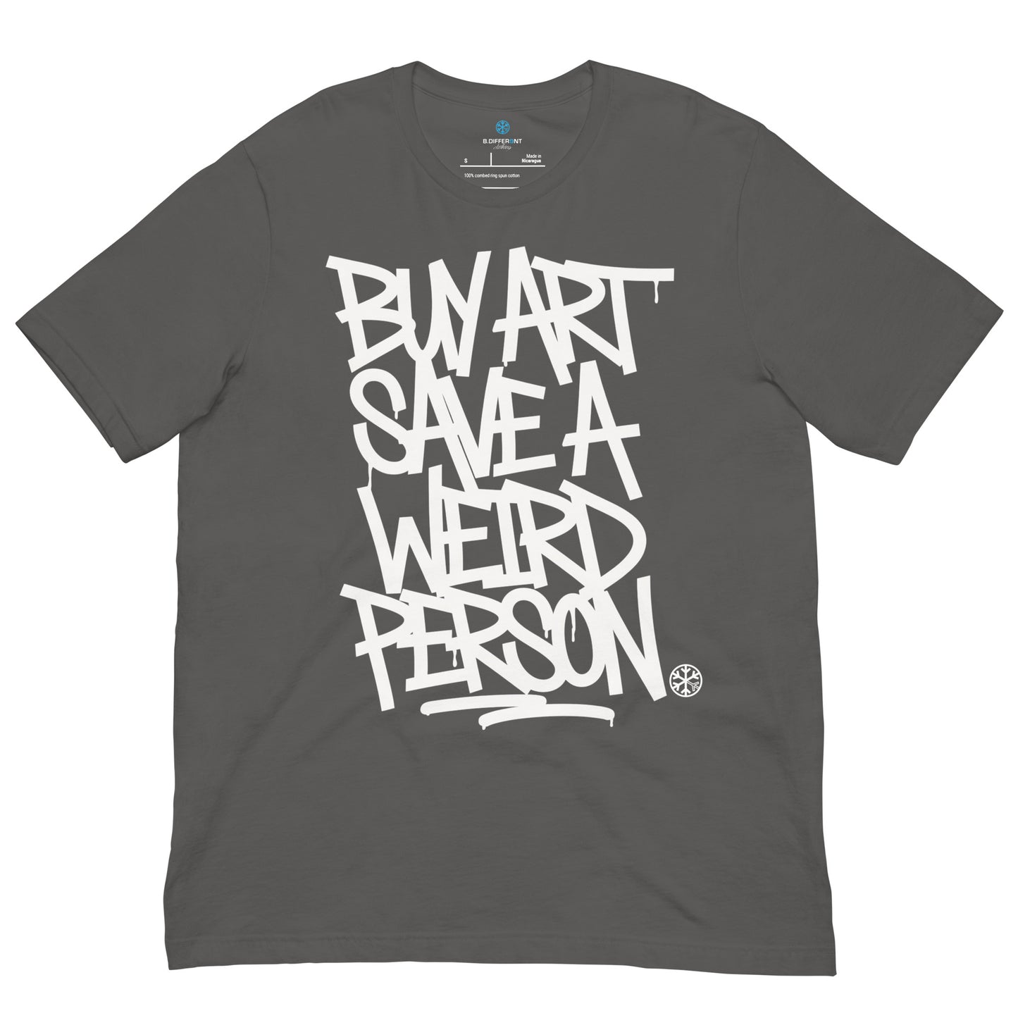Gray-Buy Art Save a Weird Person Graffiti Tee from B.Different Clothing, front view, graffiti-inspired streetwear t-shirt