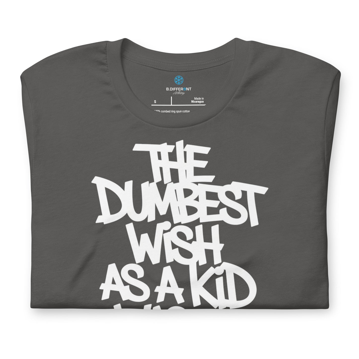 Gray-The Dumbest Wish Graffiti Tag Tee from B.Different Clothing, folded, graffiti-inspired streetwear t-shirt