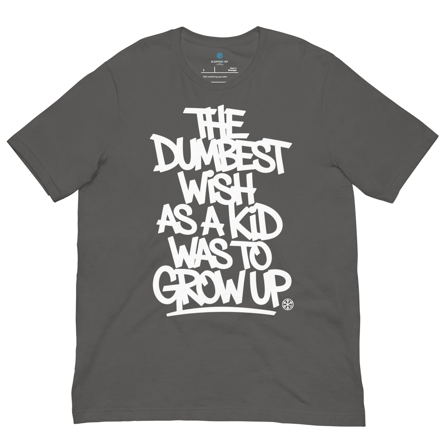 Gray-The Dumbest Wish Graffiti Tag Tee from B.Different Clothing, front view, graffiti-inspired streetwear t-shirt