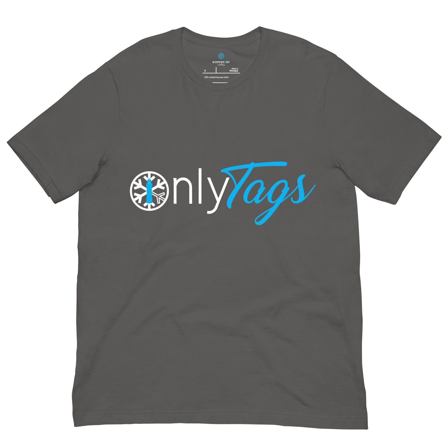 Gray-Only Tags Graffiti Tee from B.Different Clothing, front view, graffiti-inspired streetwear t-shirt