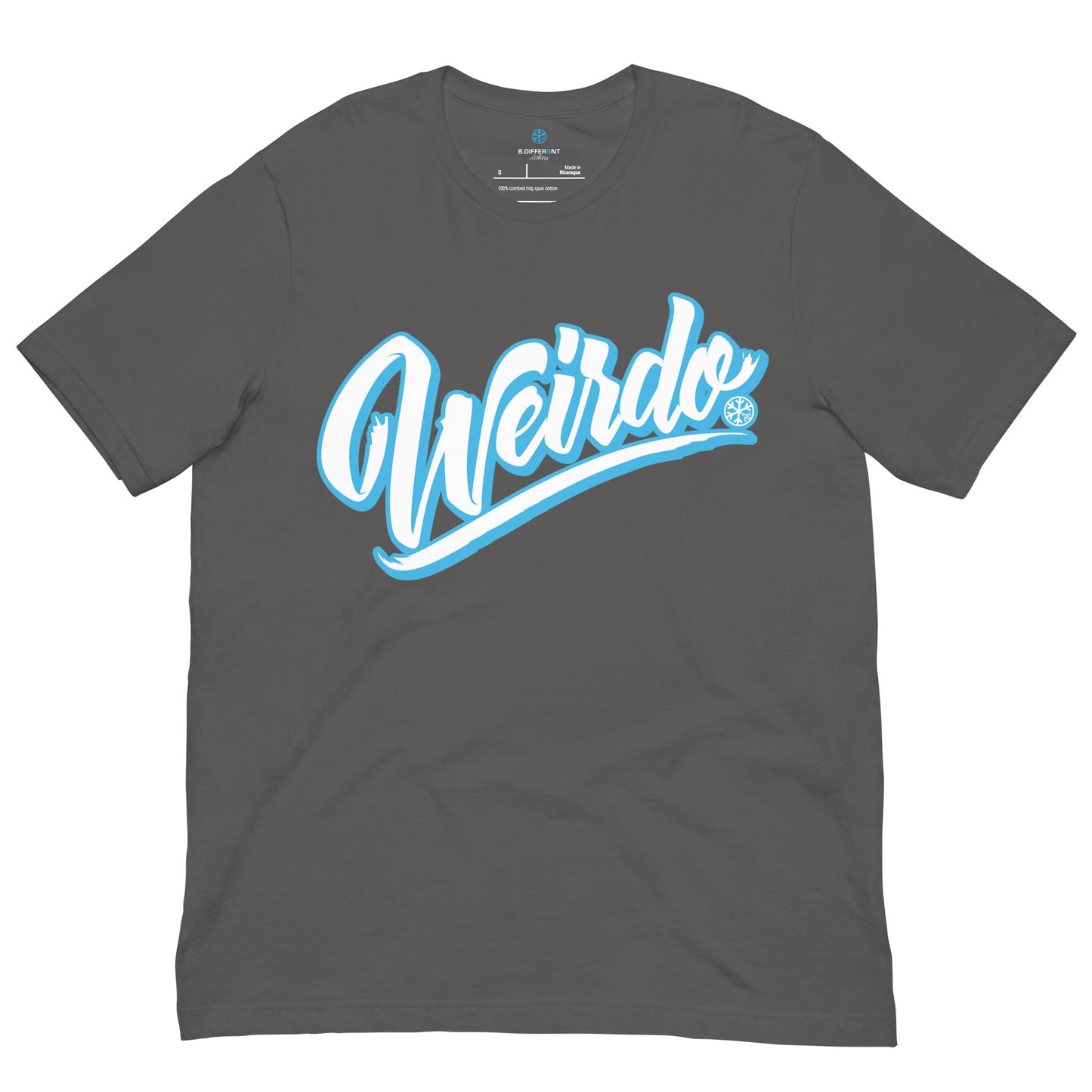 Gray-Weirdo Tee from B.Different Clothing, front view, graffiti-inspired streetwear t-shirt