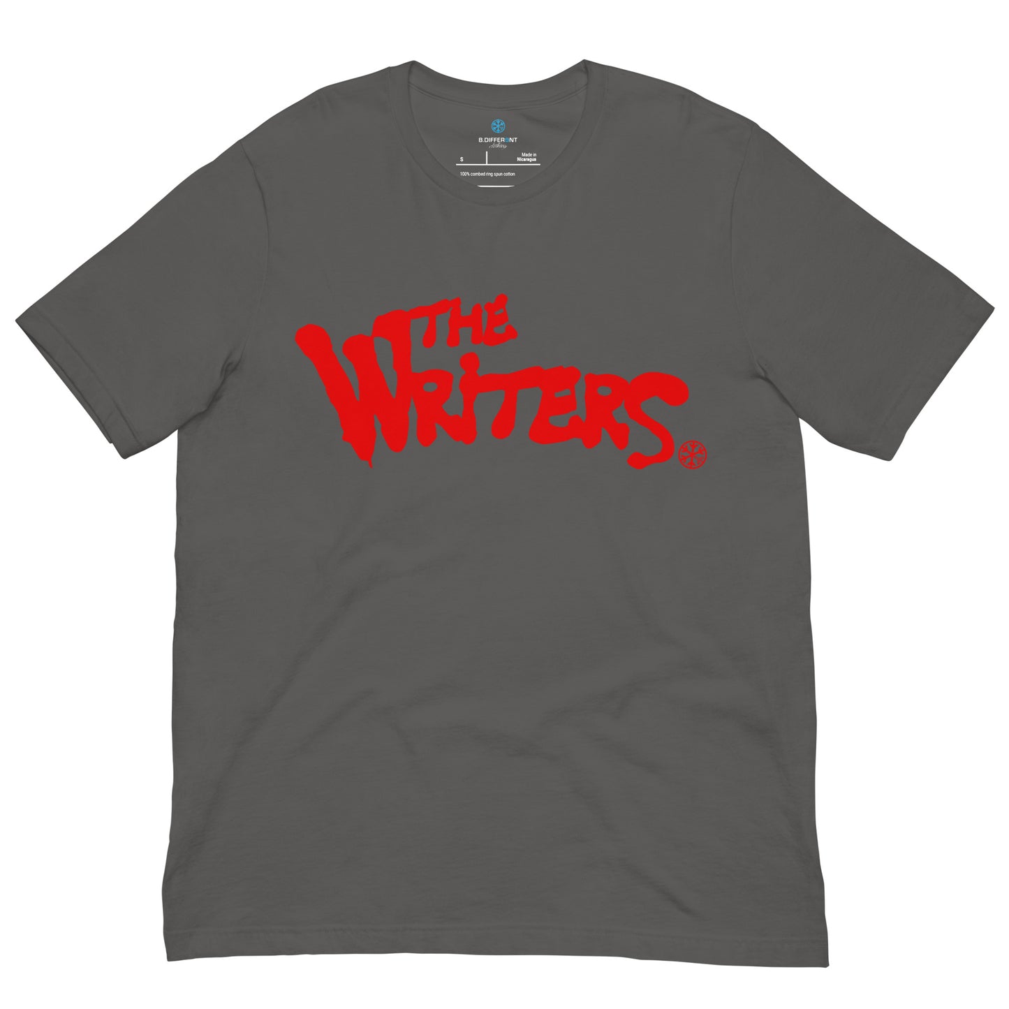 Gray-The Writers Graffiti Lettering Tee from B.Different Clothing, front view, graffiti-inspired streetwear t-shirt