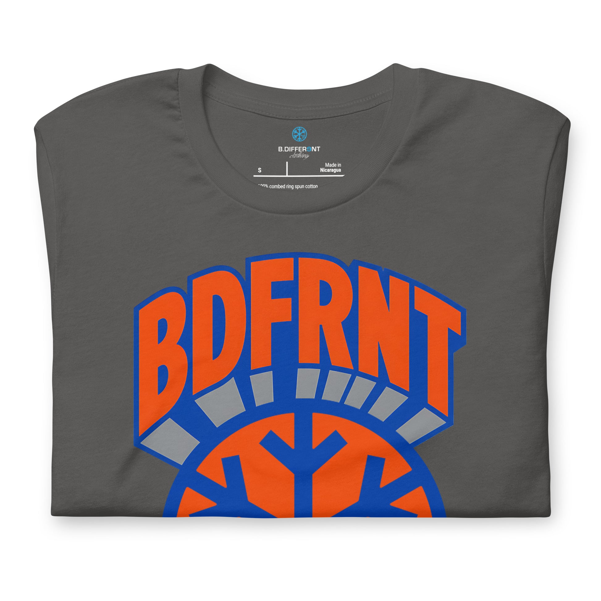 Gray-BDFRNT Logo 1989 Tee from B.Different Clothing, folded, graffiti-inspired streetwear t-shirt