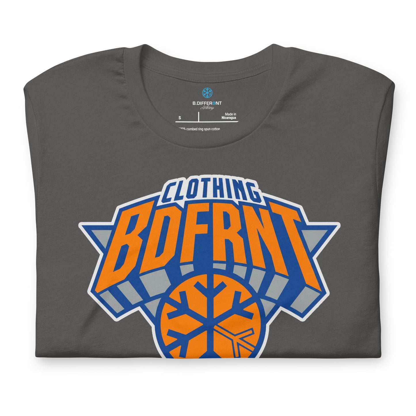 Gray-BDFRNT Logo 2011 Tee from B.Different Clothing, folded, graffiti-inspired streetwear t-shirt