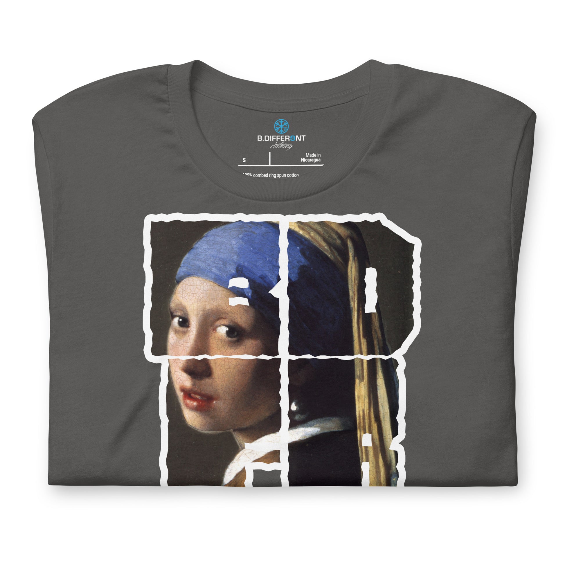 Dark Gray-BDFRNT Blockbuster x Girl With Pearl Earring Tee from B.Different Clothing, front view, graffiti-inspired streetwear