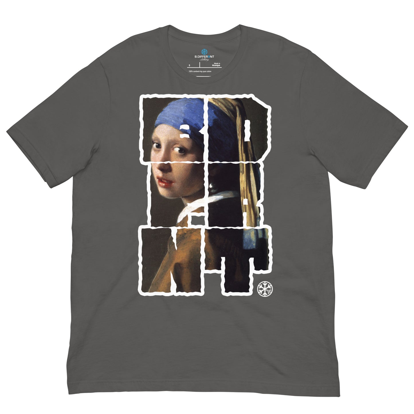 Dark Gray-BDFRNT Blockbuster x Girl With Pearl Earring Tee from B.Different Clothing, front view, graffiti-inspired streetwear