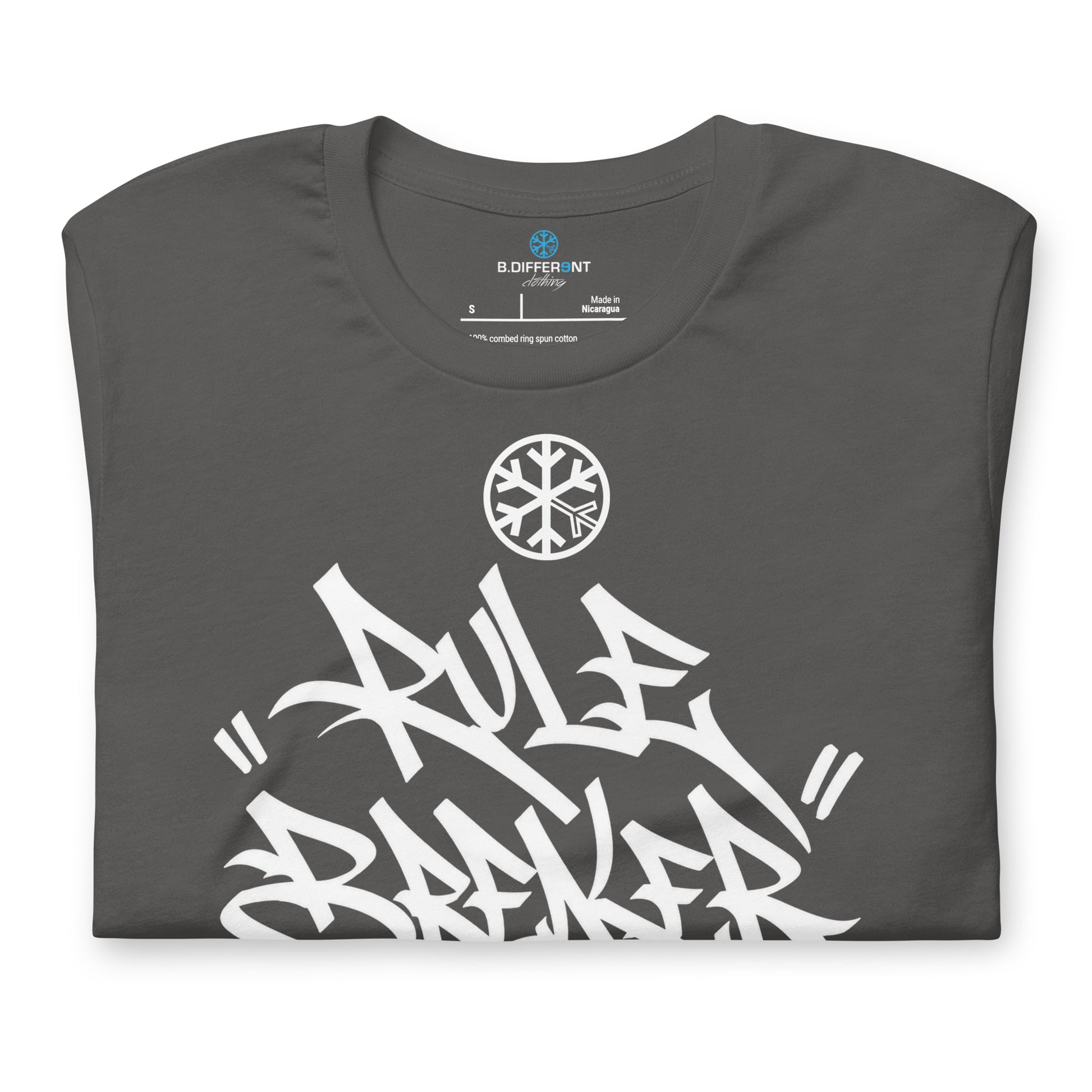 Dark Gray-Rule Breaker Graffiti Tag Tee from B.Different Clothing, folded, graffiti-inspired streetwear