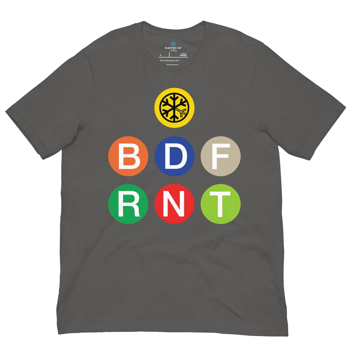 Dark Gray-BDFRNT NYC Subway Tee from B.Different Clothing, front view, graffiti-inspired streetwear
