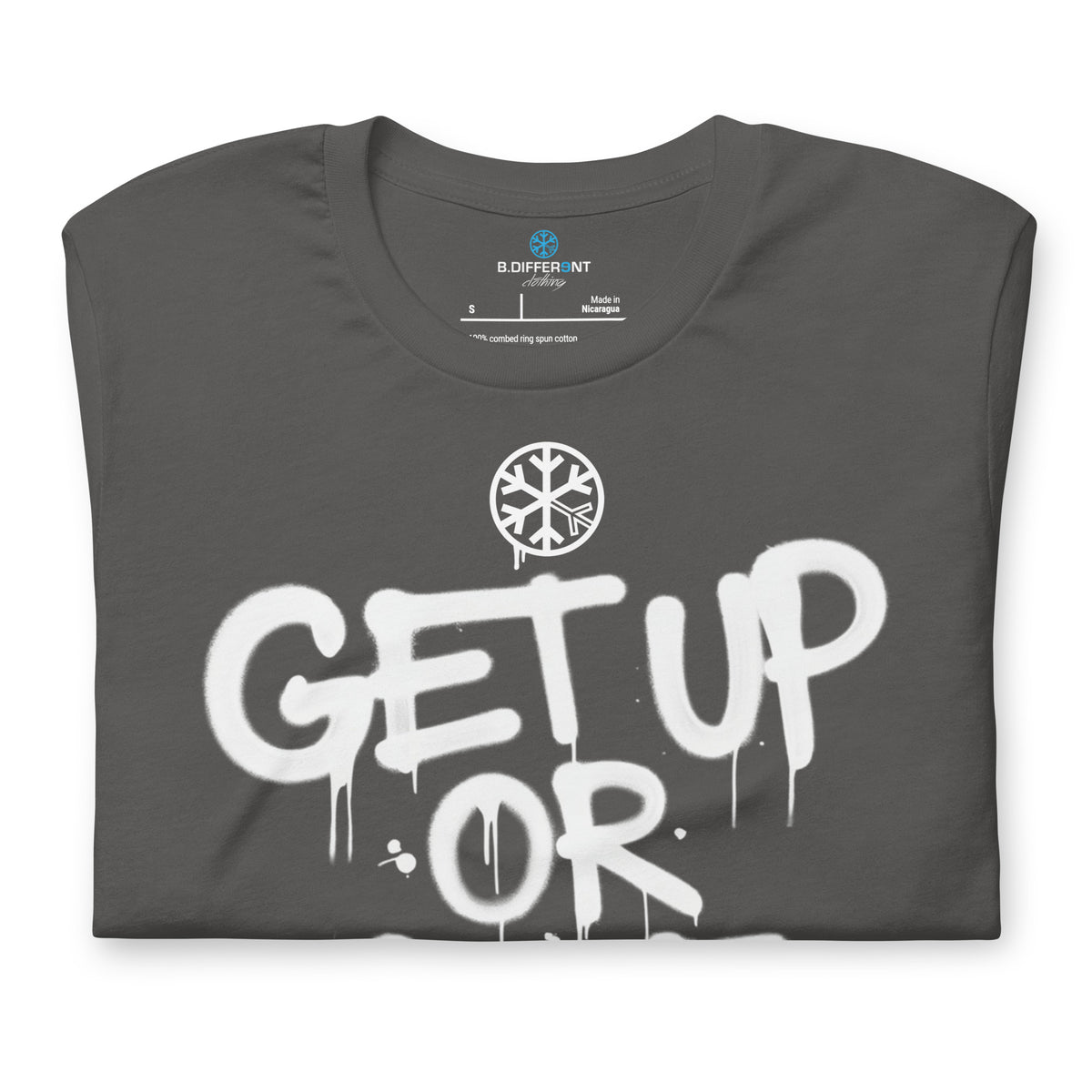 Gray-Get Up or Die Graffiti Tag Tee from B.Different Clothing, folded, graffiti-inspired streetwear t-shirt