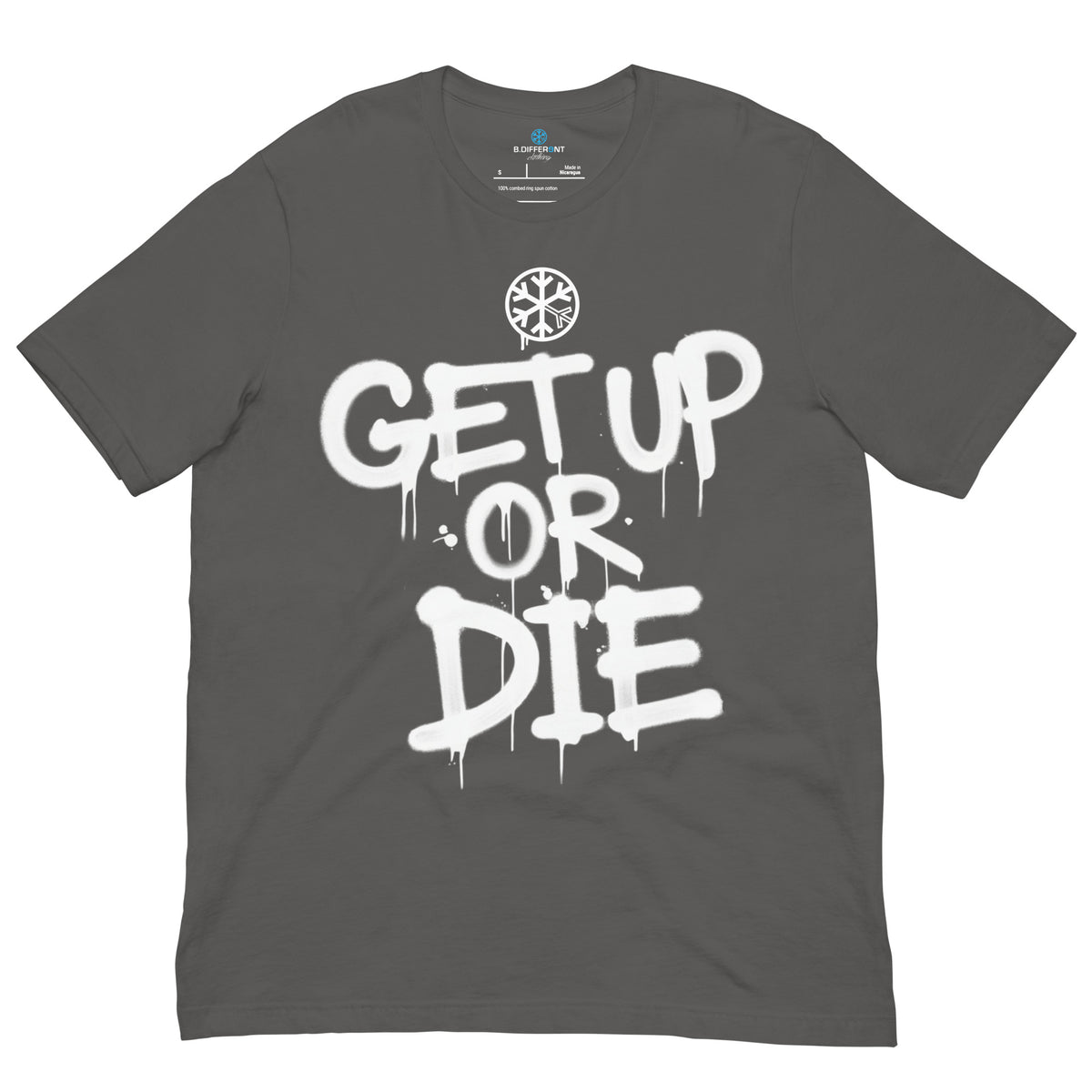 Gray-Get Up or Die Graffiti Tag Tee from B.Different Clothing, front view, graffiti-inspired streetwear t-shirt
