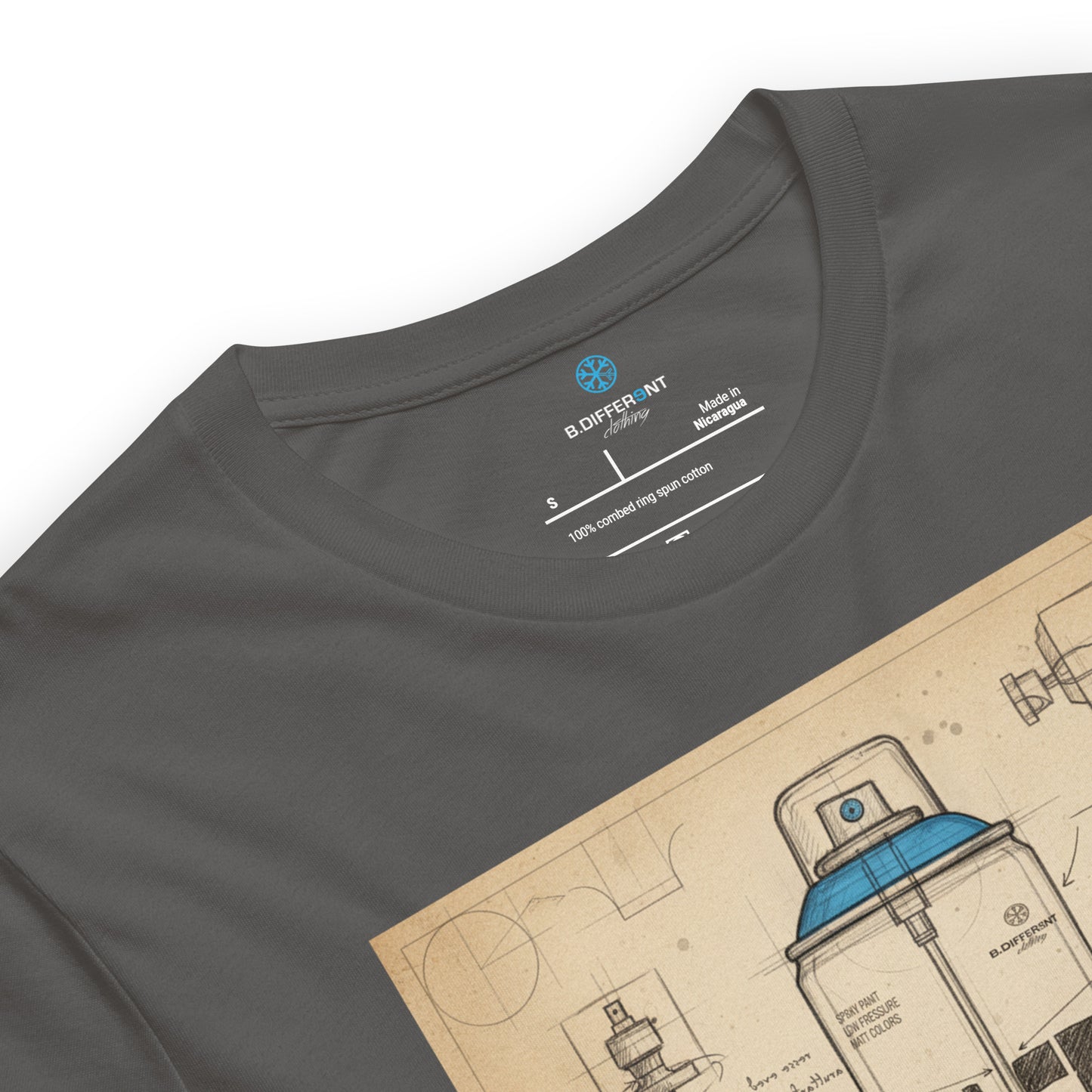 Gray-Spray Can Sketch Graffiti Tee from B.Different Clothing, collar, graffiti-inspired streetwear t-shirt