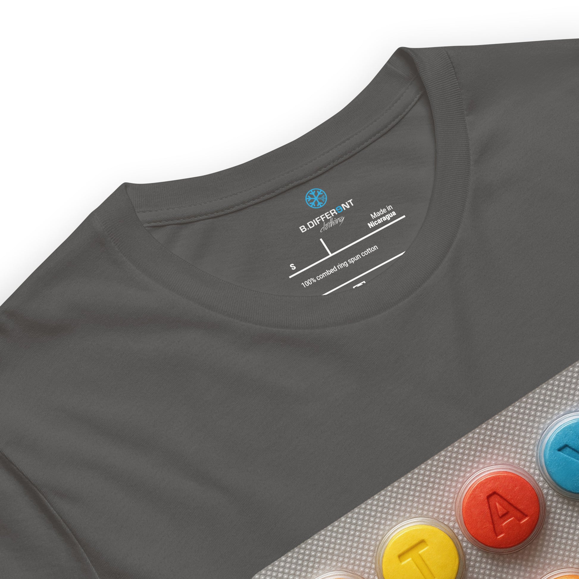 Gray-Stay Weird Pills Tee from B.Different Clothing, collar, graffiti-inspired streetwear t-shirt