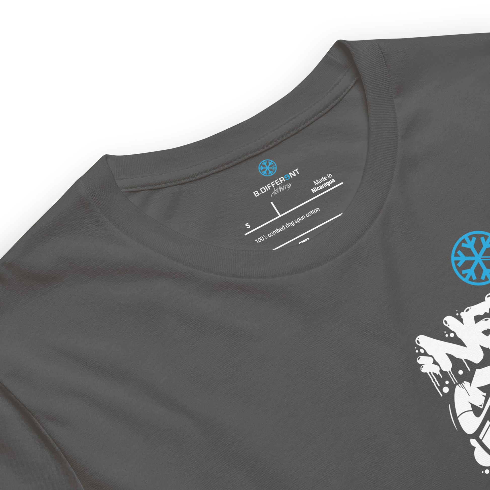 Gray-Never Stop Graffiti Character Tee from B.Different Clothing, collar, graffiti-inspired streetwear t-shirt