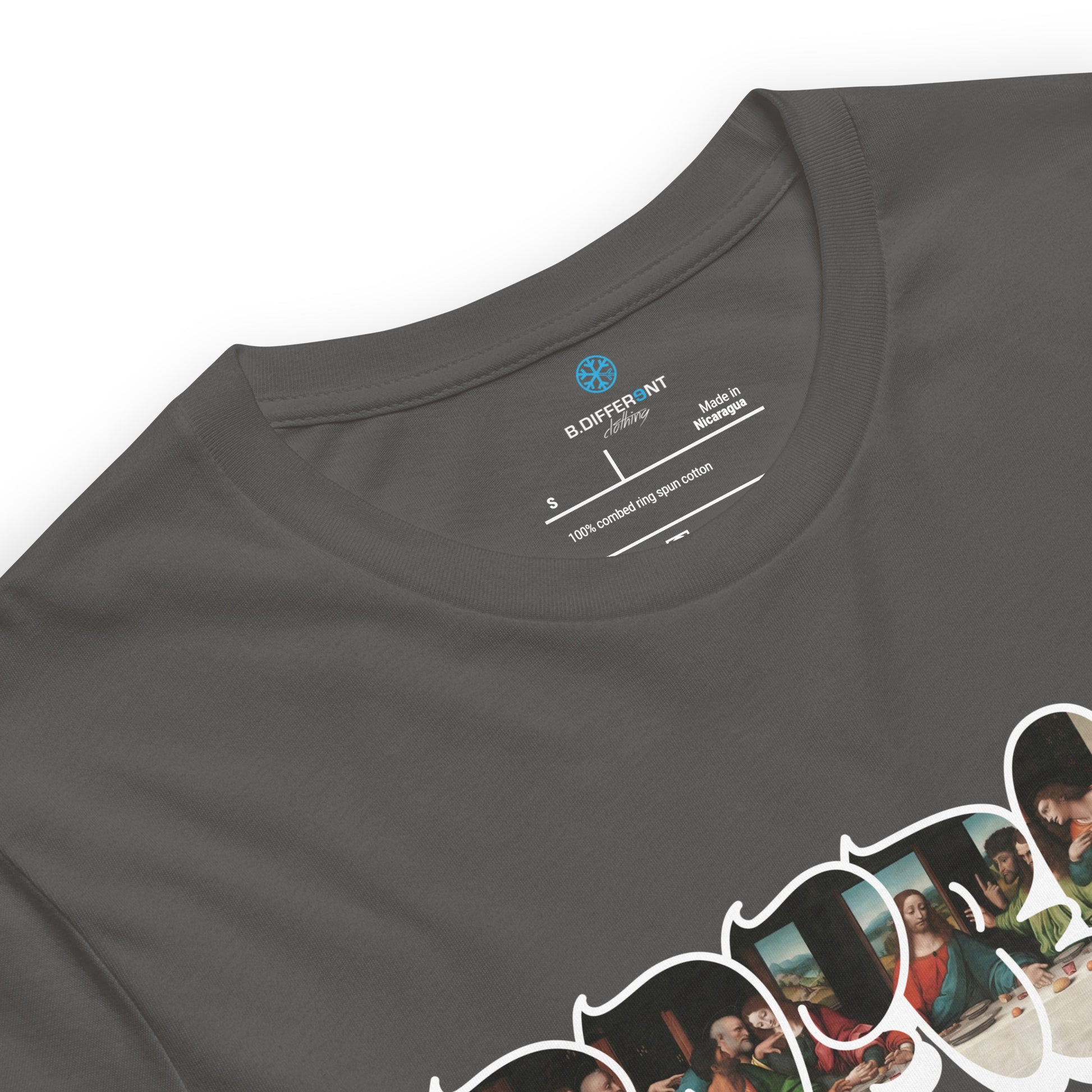 Gray-BDFRNT Throwie x Last Supper Graffiti Tee from B.Different Clothing, collar, graffiti-inspired streetwear t-shirt