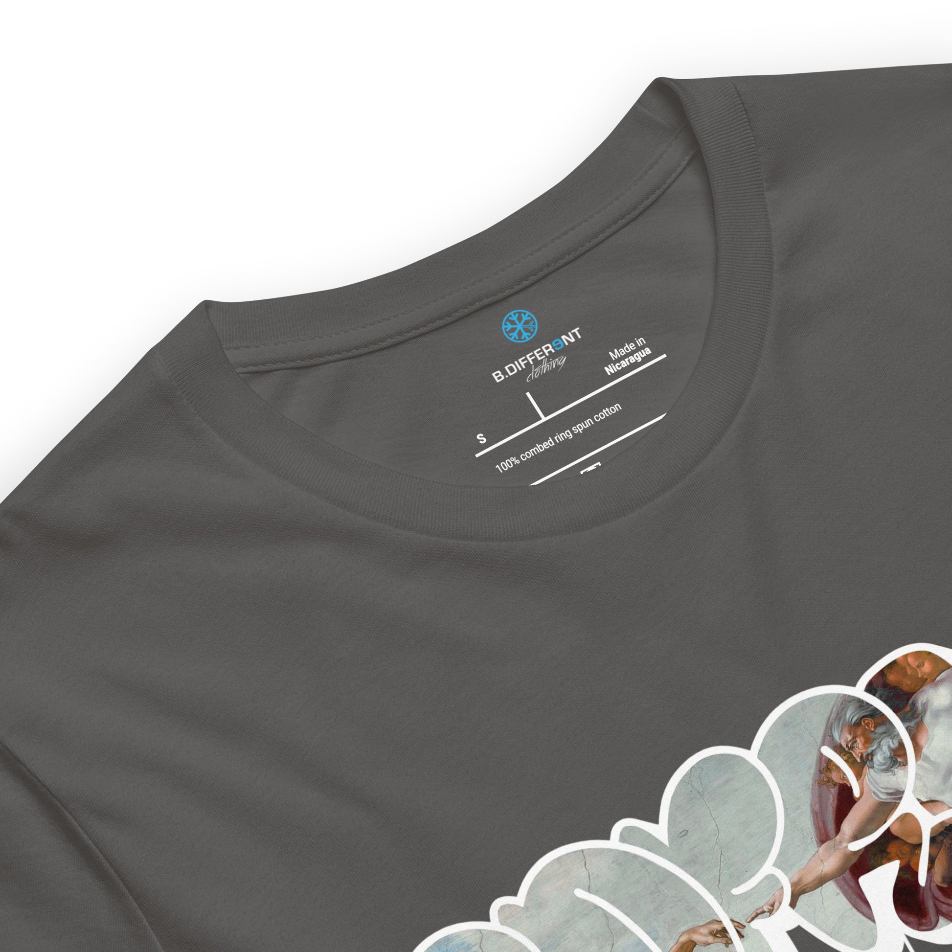 Gray-BDFRNT Throwie x Creation of Adam Graffiti Tee from B.Different Clothing, collar, graffiti-inspired streetwear t-shirt